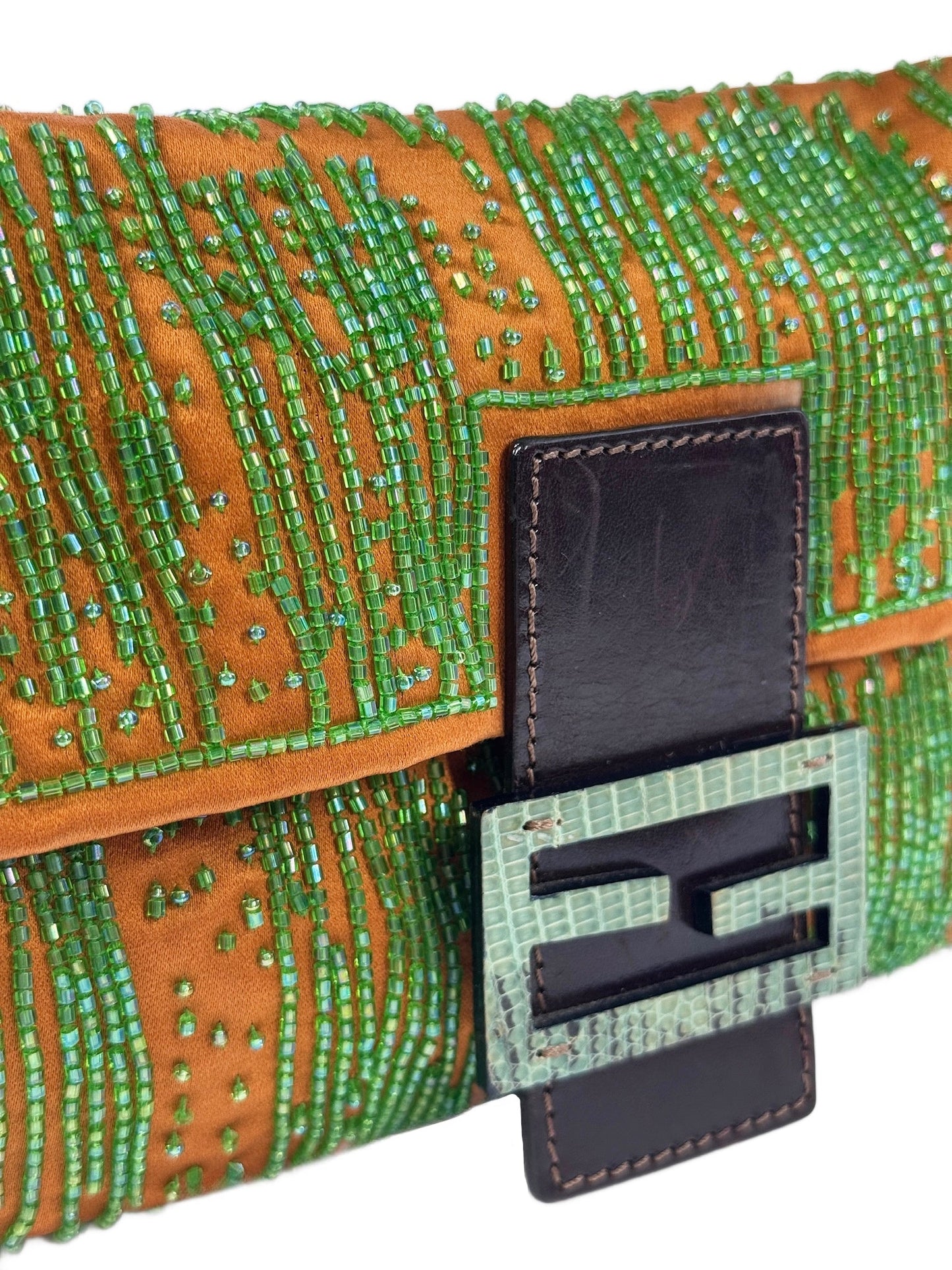 Fendi Vintage Orange Satin Green Beaded Lizard Logo Shoulder Baguette Bag