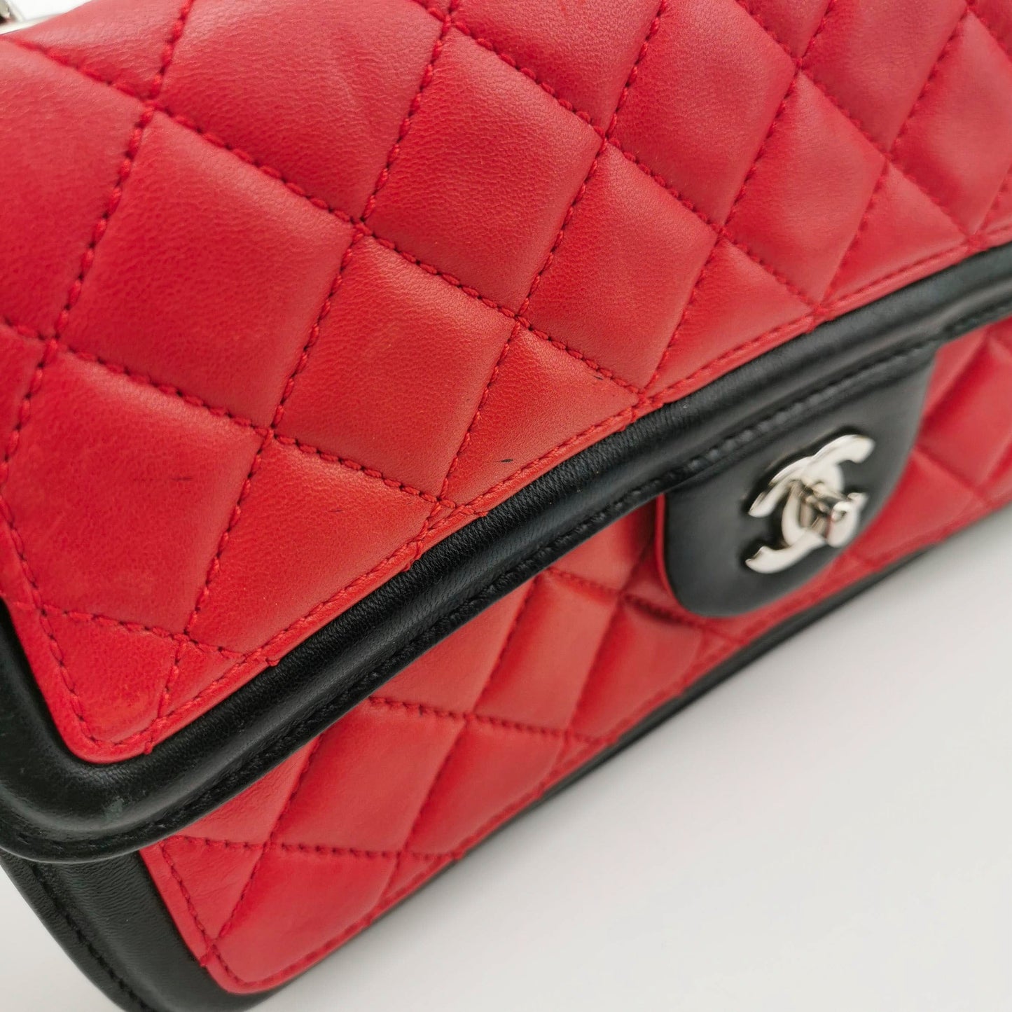 Chanel Baguette Flap Shoulder Bag Lambskin Red and Black Silver Double Chain
