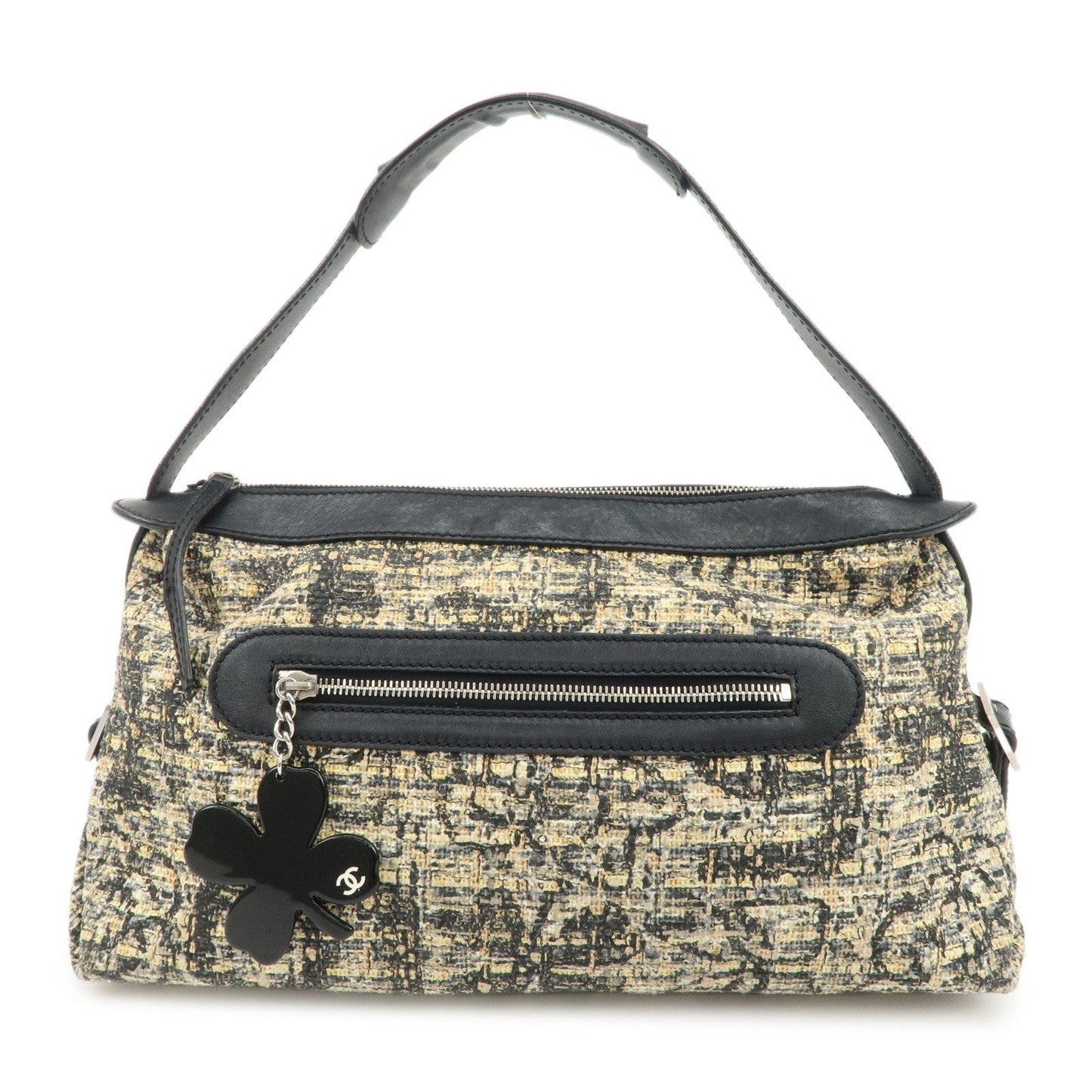 CHANEL Tweed Leather Shoulder Bag Hand Bag Black Beige