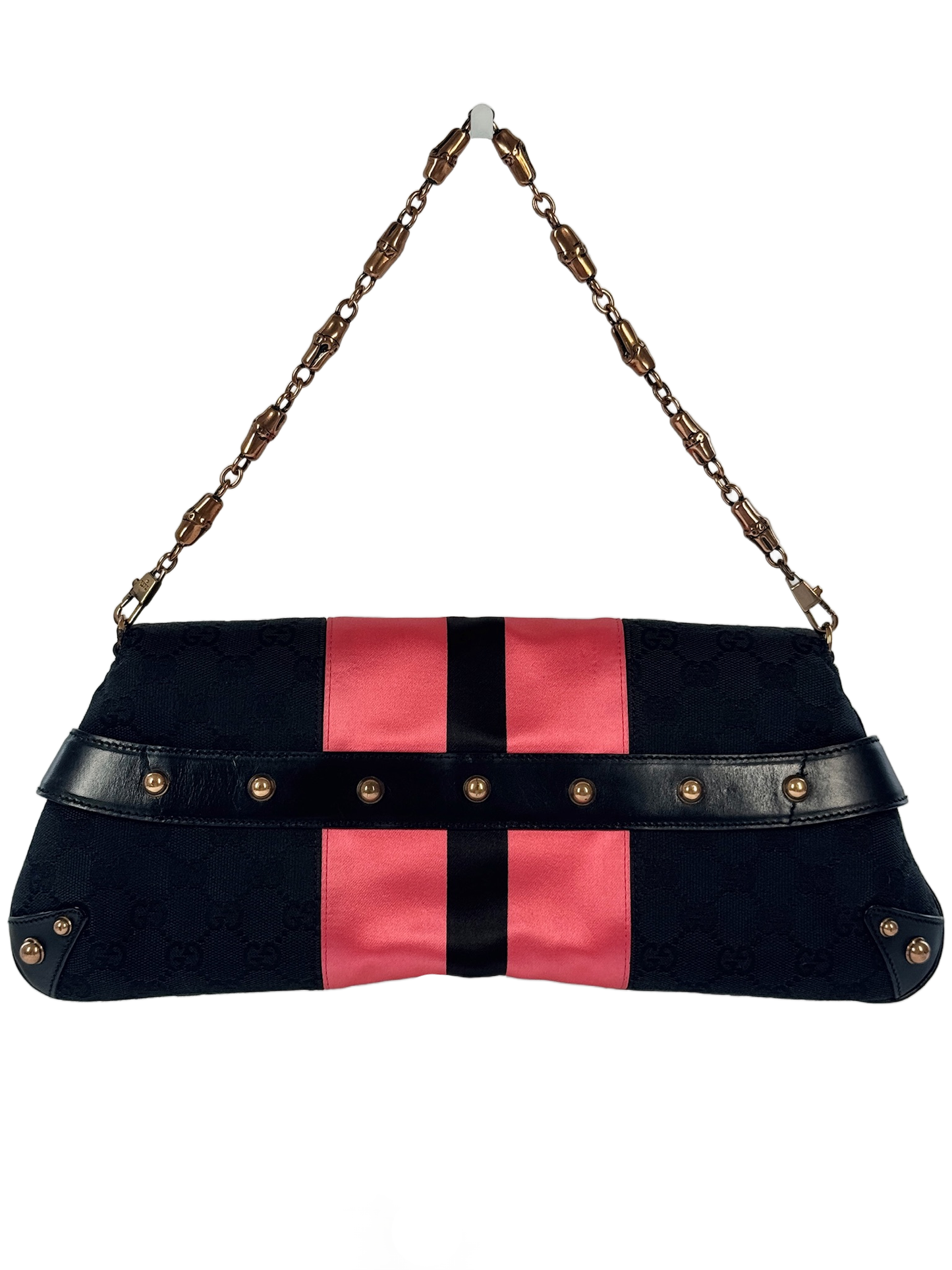 Gucci Vintage Black GG Monogram Gold Horsebit Pink Satin Striped Bamboo Chain Shoulder Clutch Bag
