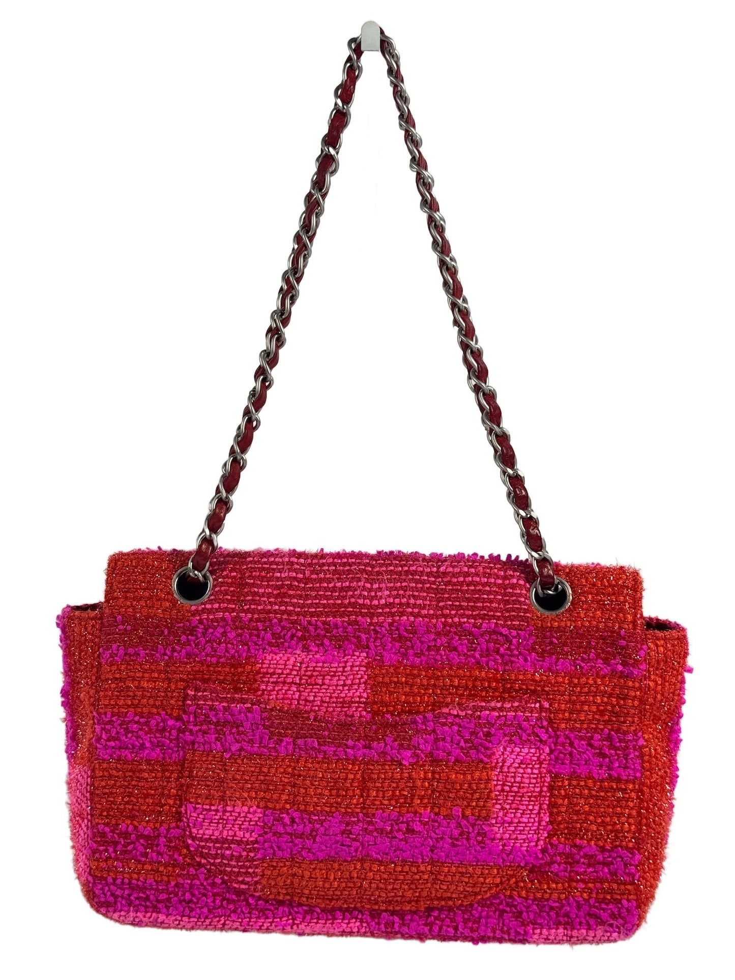 Chanel Vintage 00s Metallic Red & Pink Tweed Medium Classic Single Flap Bag w Matte Silver Hardware