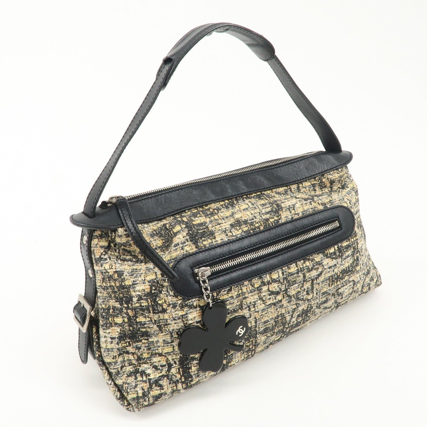 CHANEL Tweed Leather Shoulder Bag Hand Bag Black Beige
