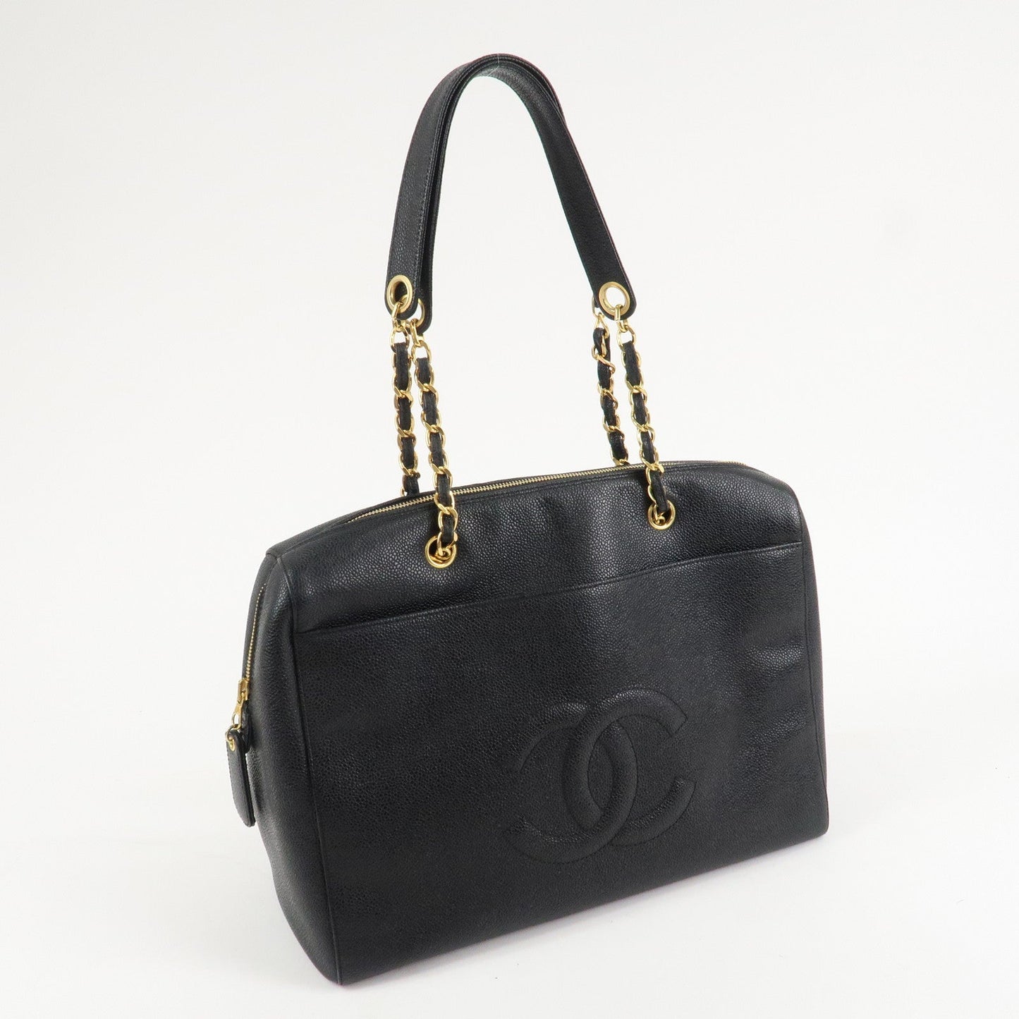 CHANEL COCO Mark Caviar Skin Chain Shoulder Tote Bag Black