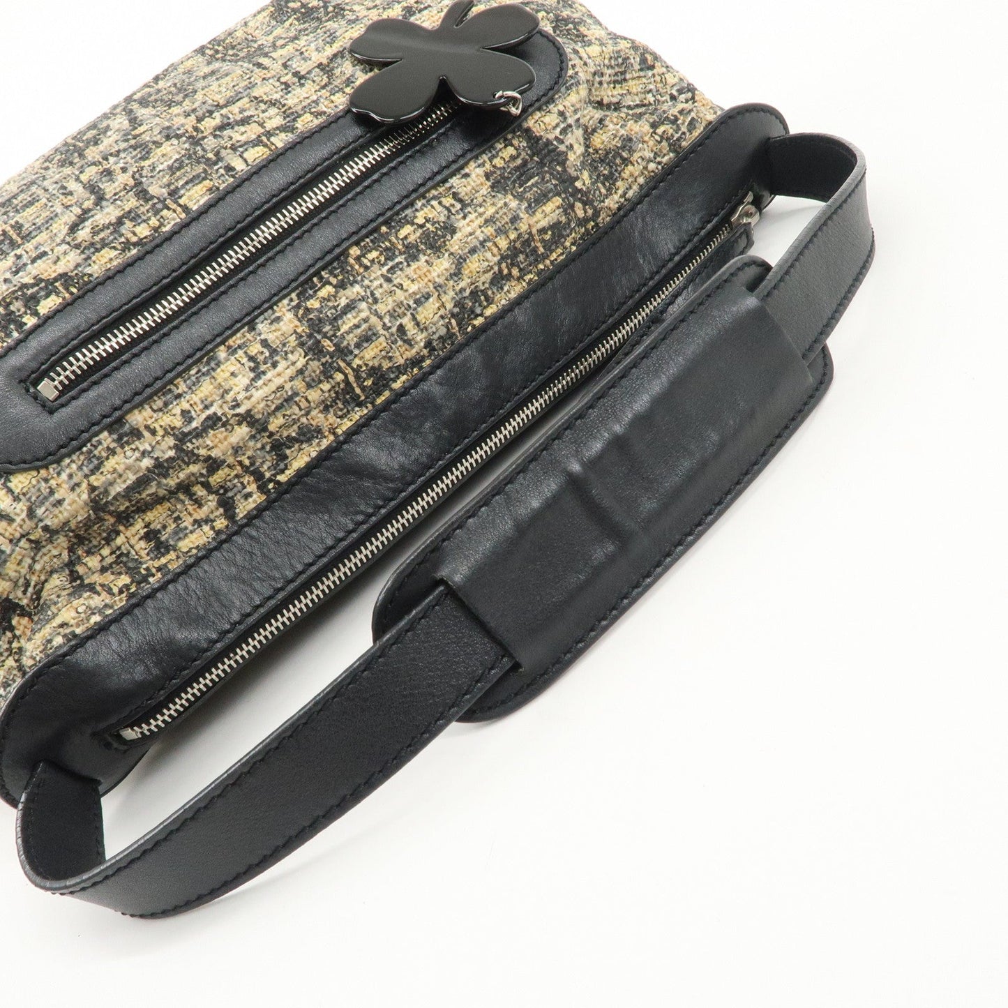 CHANEL Tweed Leather Shoulder Bag Hand Bag Black Beige