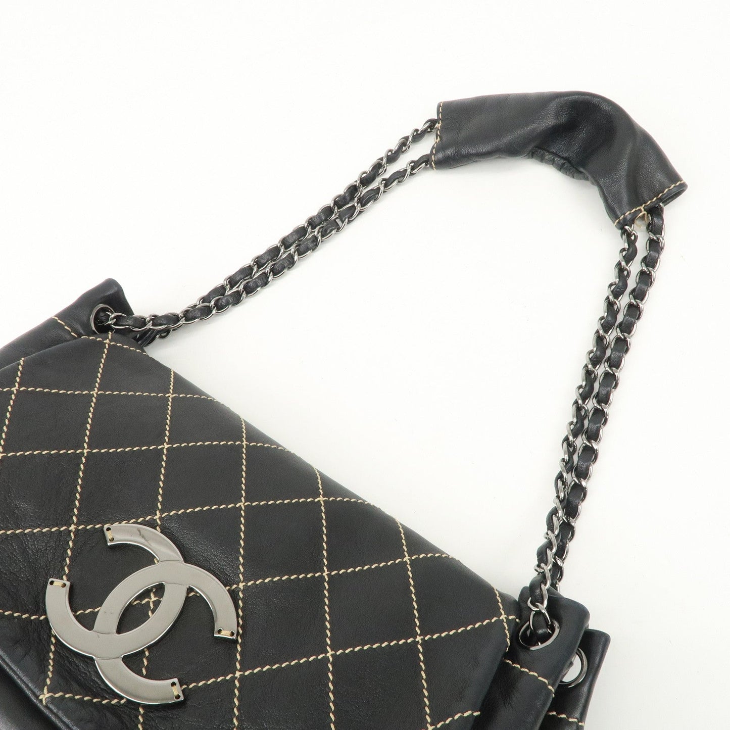 CHANEL COCO Mark Wild Stitch Lamb Skin Chain Shoulder Bag Black