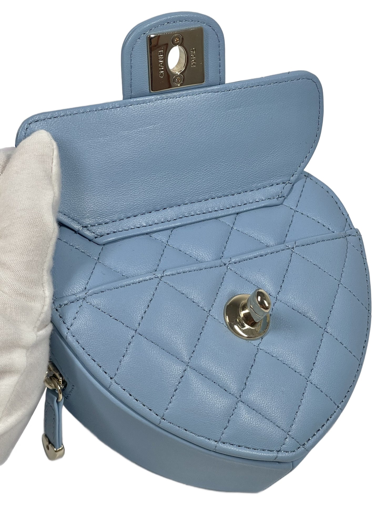 Chanel 22S Baby Blue Quilted Lambskin Small Heart Bag Clutch with on Chain