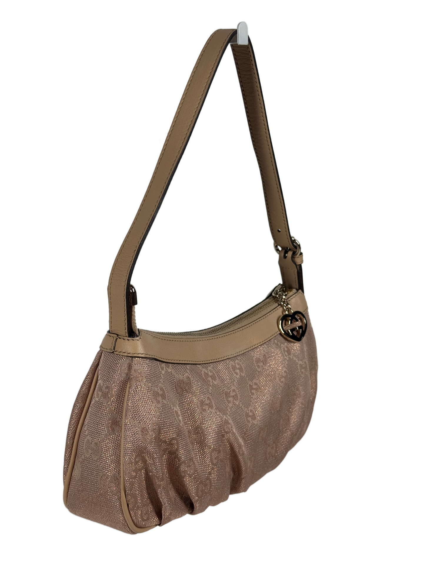 Gucci Vintage Metallic Pink GG Monogram Canvas w Ivory Leather Trim Lovely Heart Logo Mini Shoulder Pochette Bag