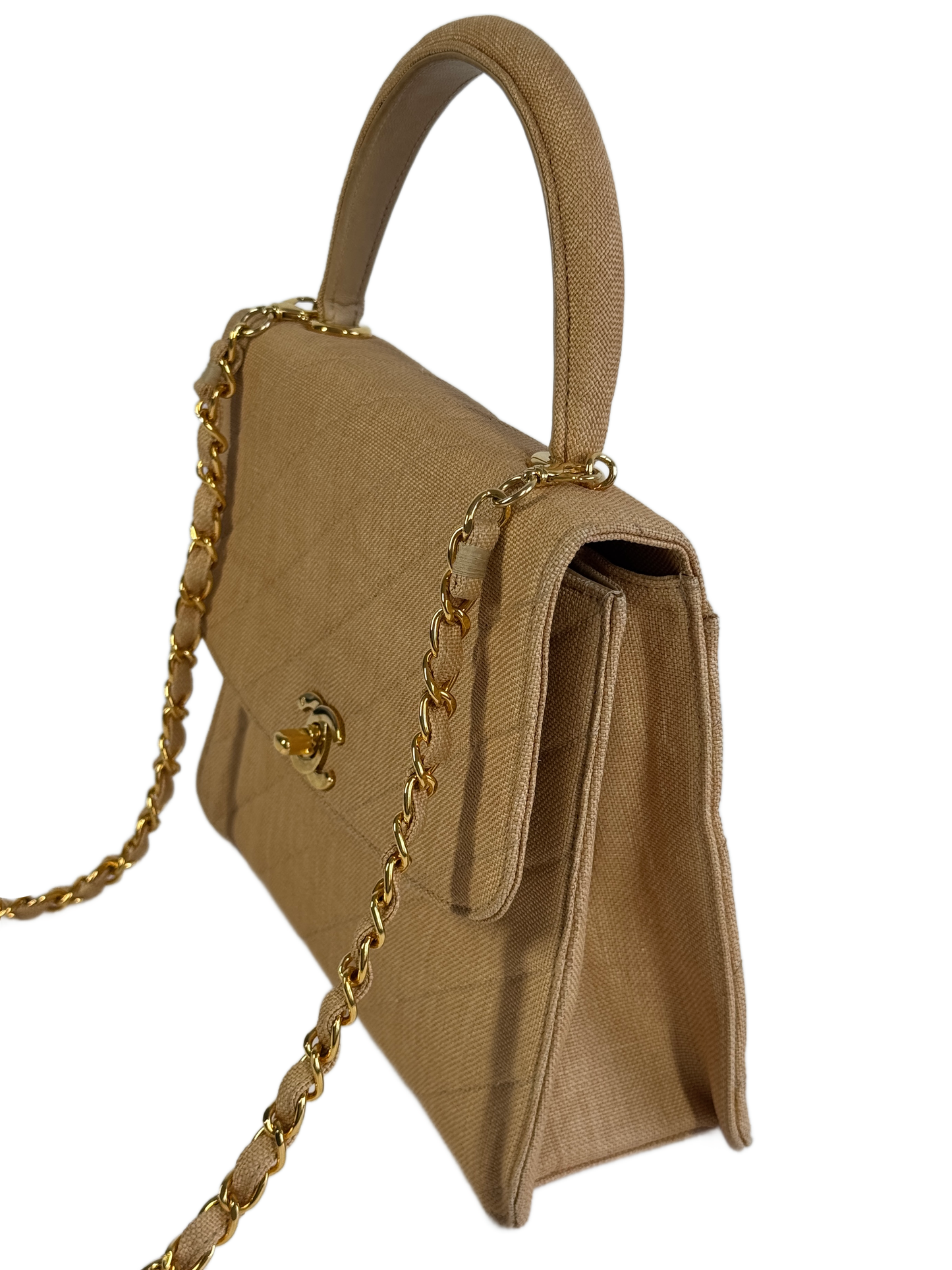 Chanel Vintage 90s Beige Linen Medium Kelly Top Handle & Shoulder Bag