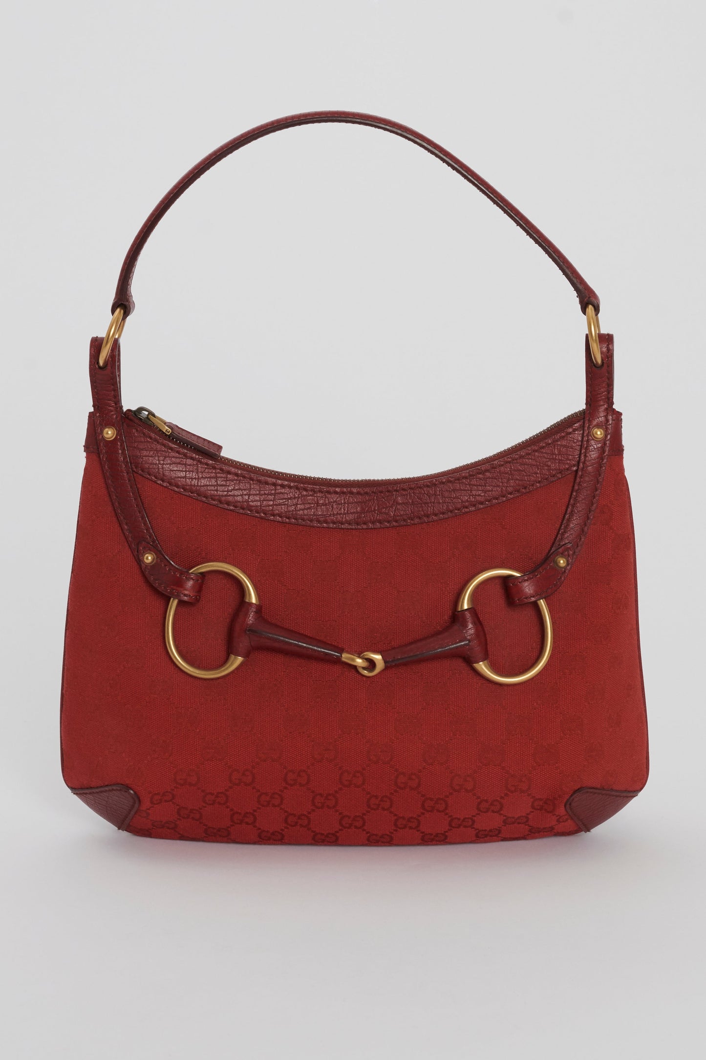 Gucci Vintage Red Monogram Canvas Horse-Bit Hobo Bag