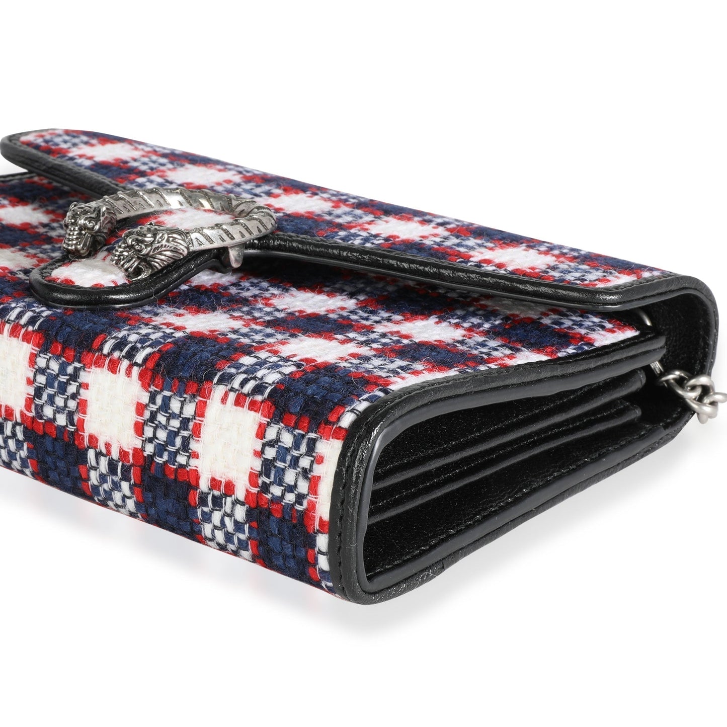 Gucci White, Marine, & Hibiscus Red Tweed Mini Dionysus Chain Wallet