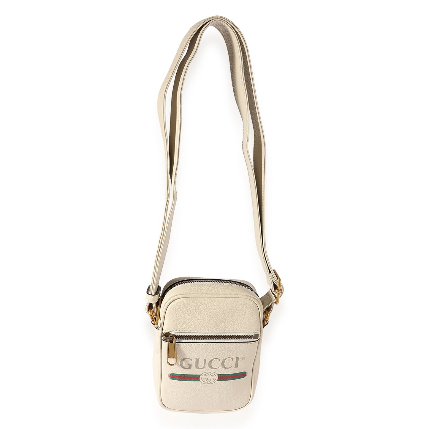 GUCCI White Grained Leather Logo Print Camera Crossbody Bag