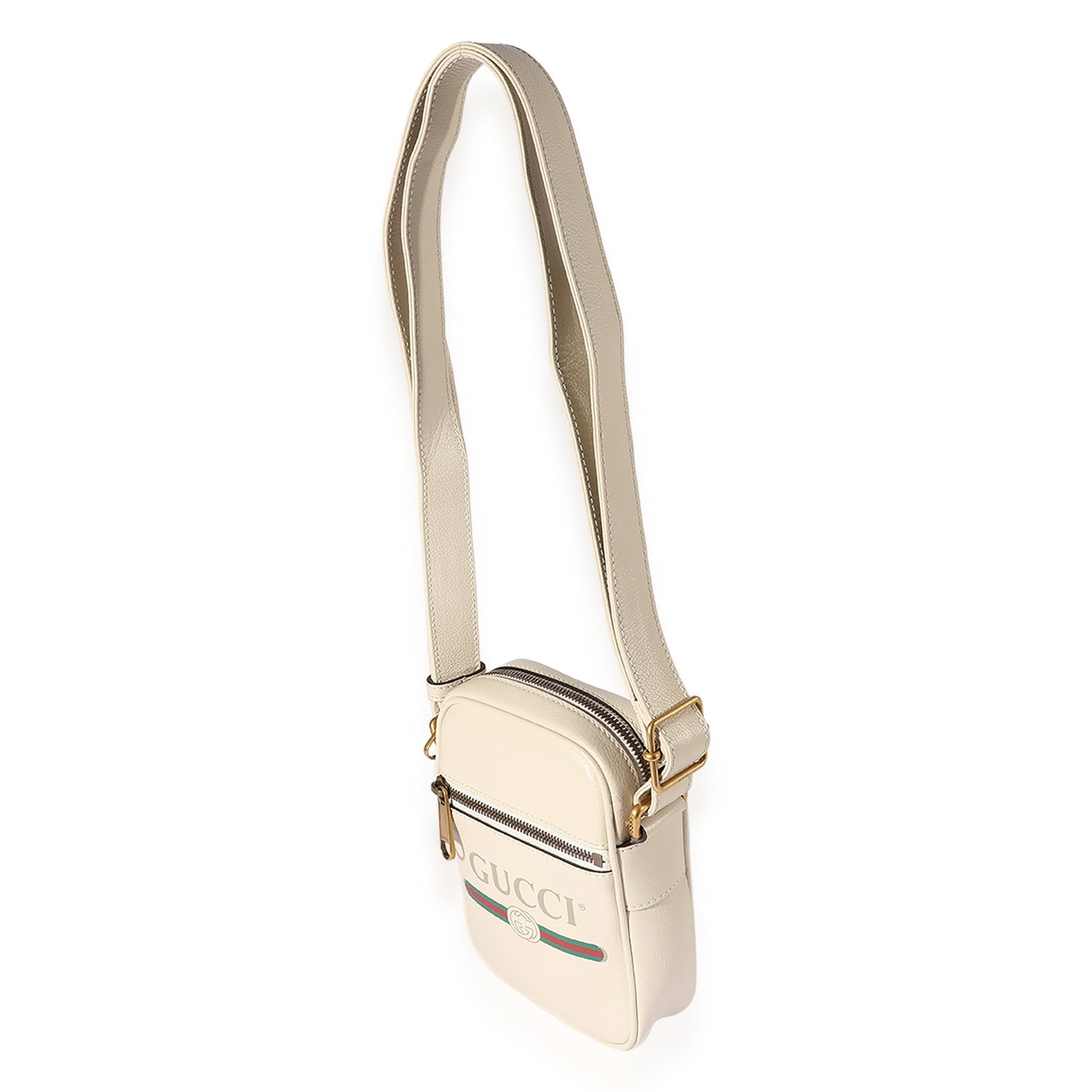 GUCCI White Grained Leather Logo Print Camera Crossbody Bag