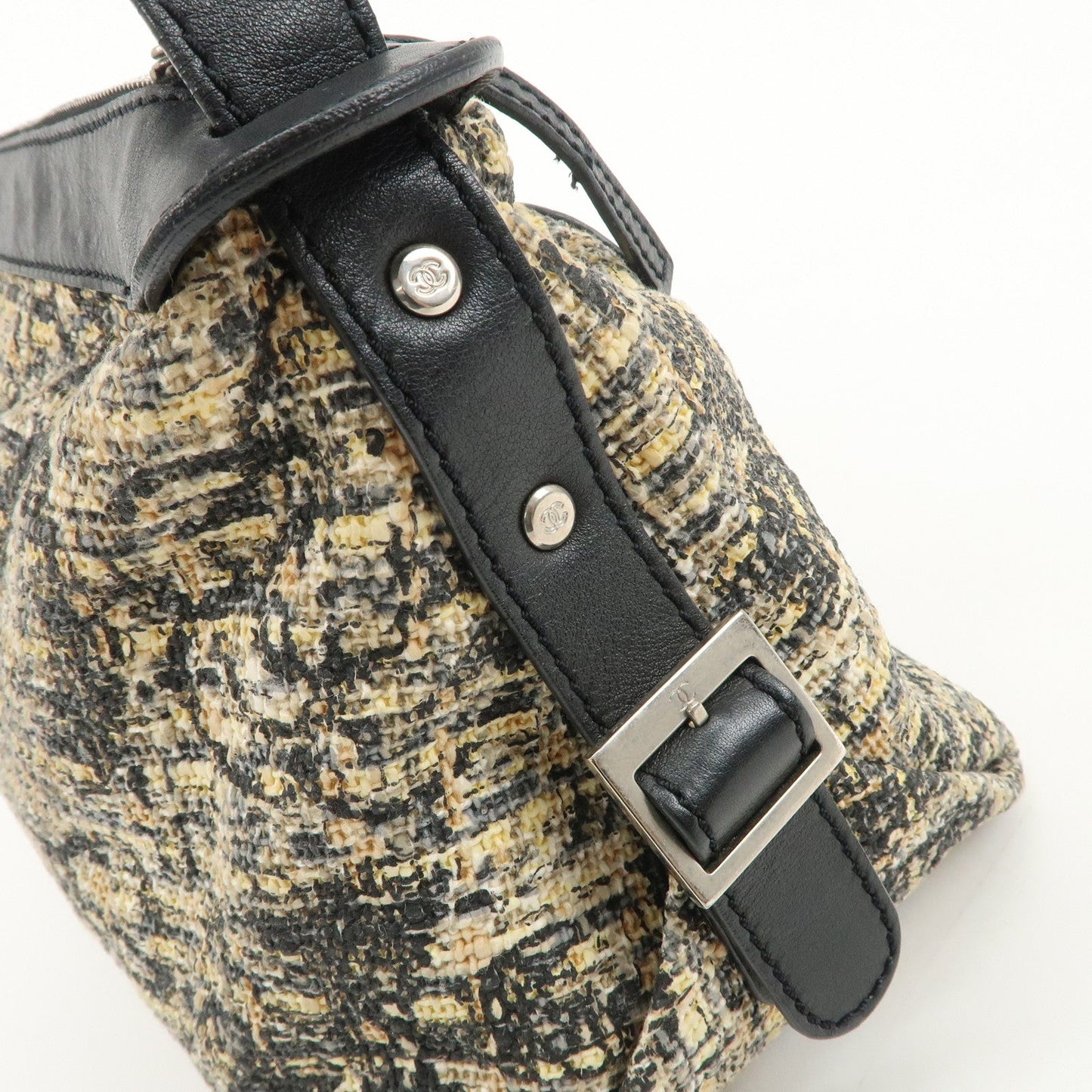 CHANEL Tweed Leather Shoulder Bag Hand Bag Black Beige