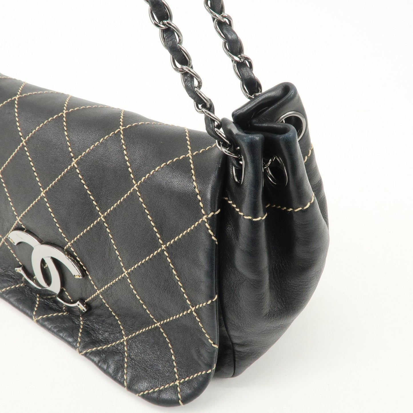 CHANEL COCO Mark Wild Stitch Lamb Skin Chain Shoulder Bag Black