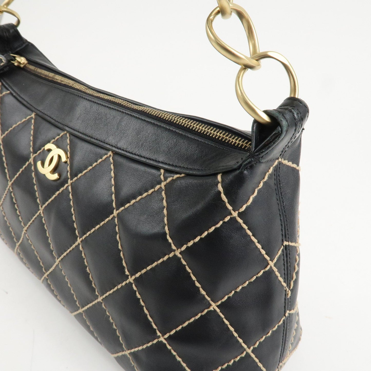 CHANEL Wild Stitch Lamb Skin Shoulder Bag Hand Bag Black A20663