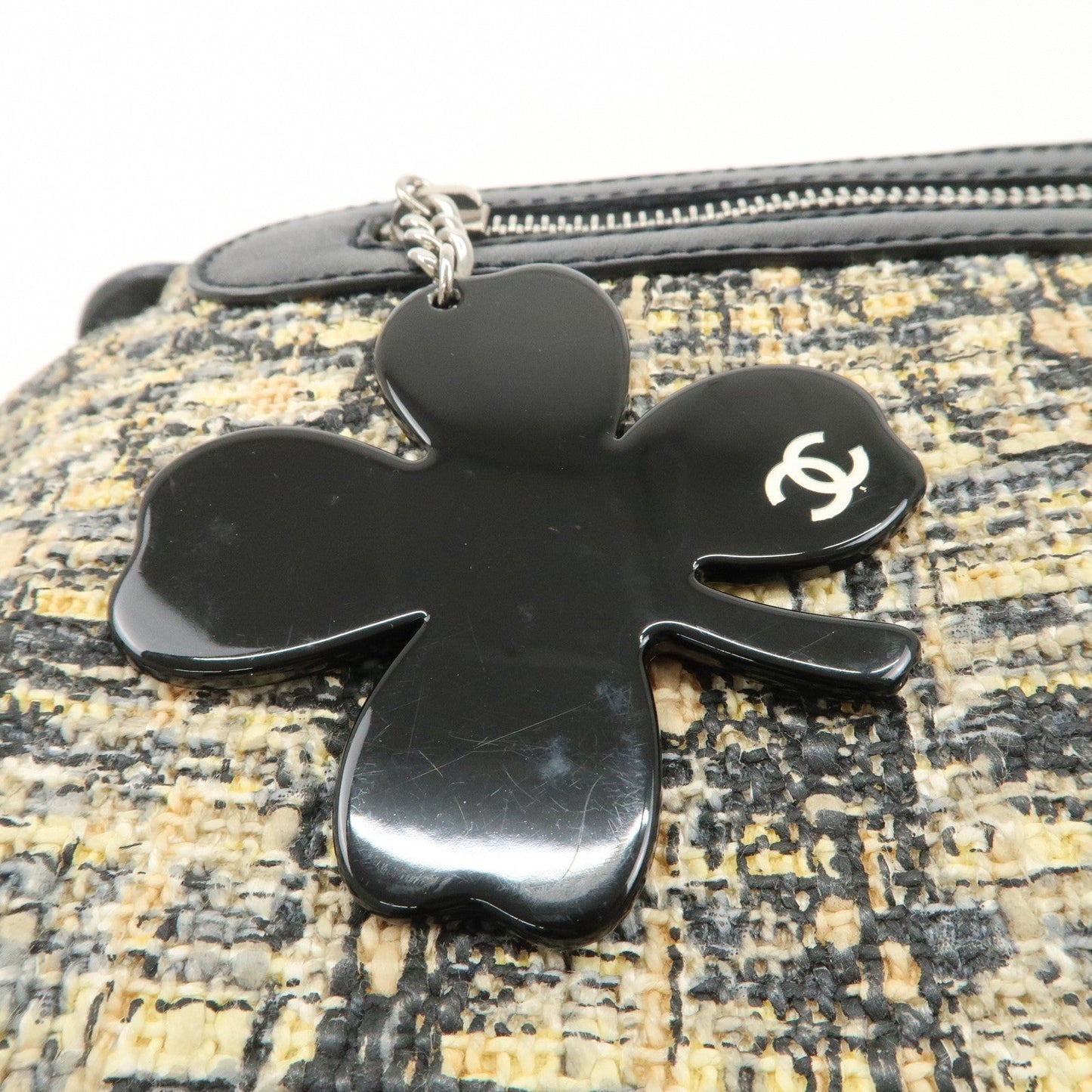 CHANEL Tweed Leather Shoulder Bag Hand Bag Black Beige