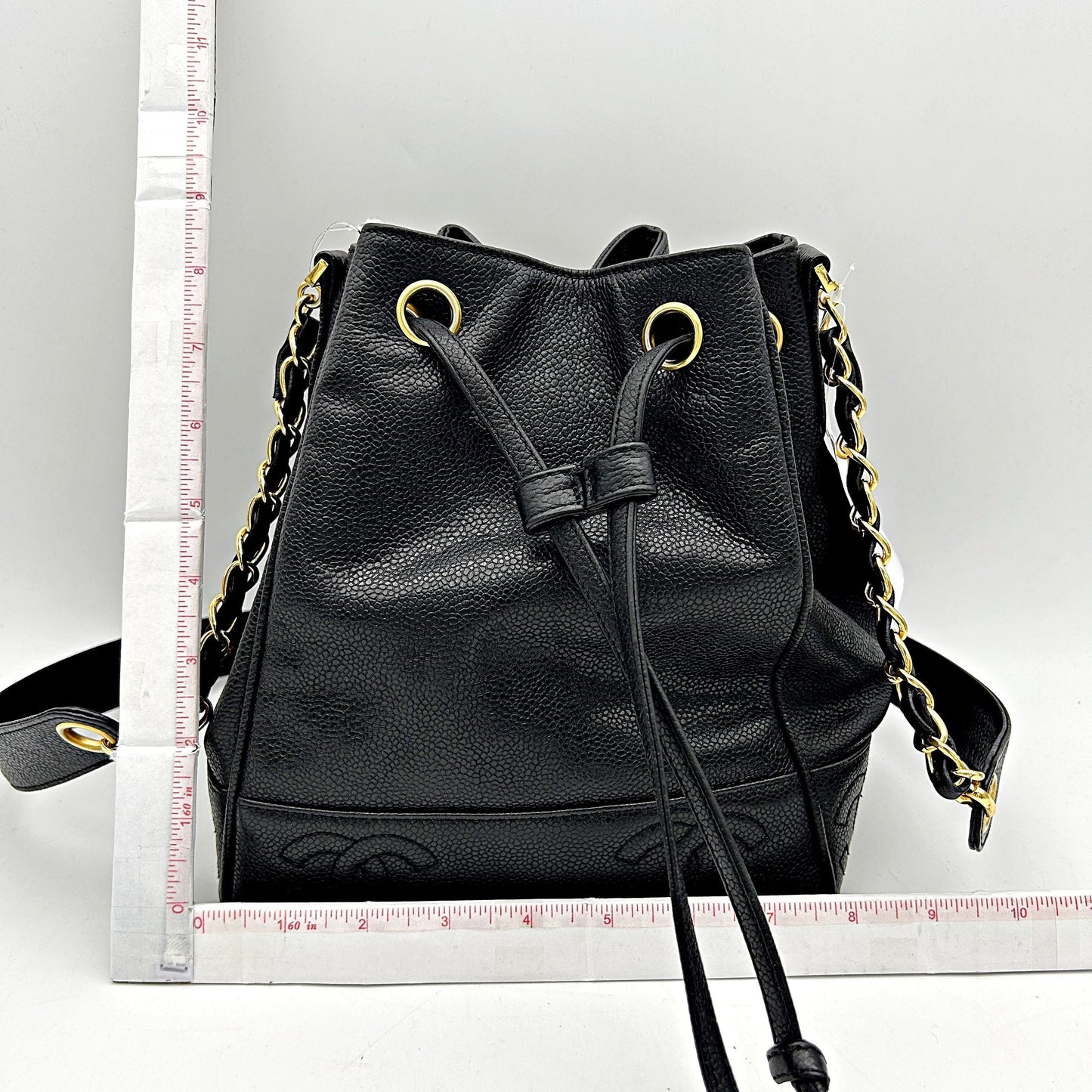 CHANEL Caviar Drawstring Shoulder Bag Black chcc