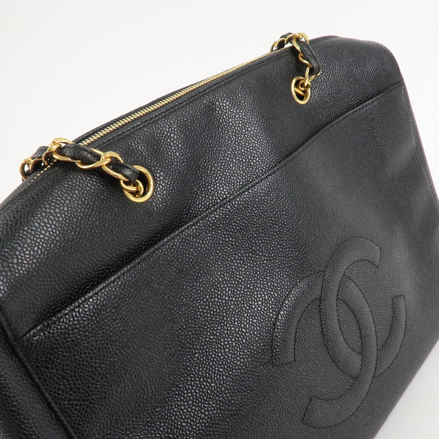 CHANEL COCO Mark Caviar Skin Chain Shoulder Tote Bag Black