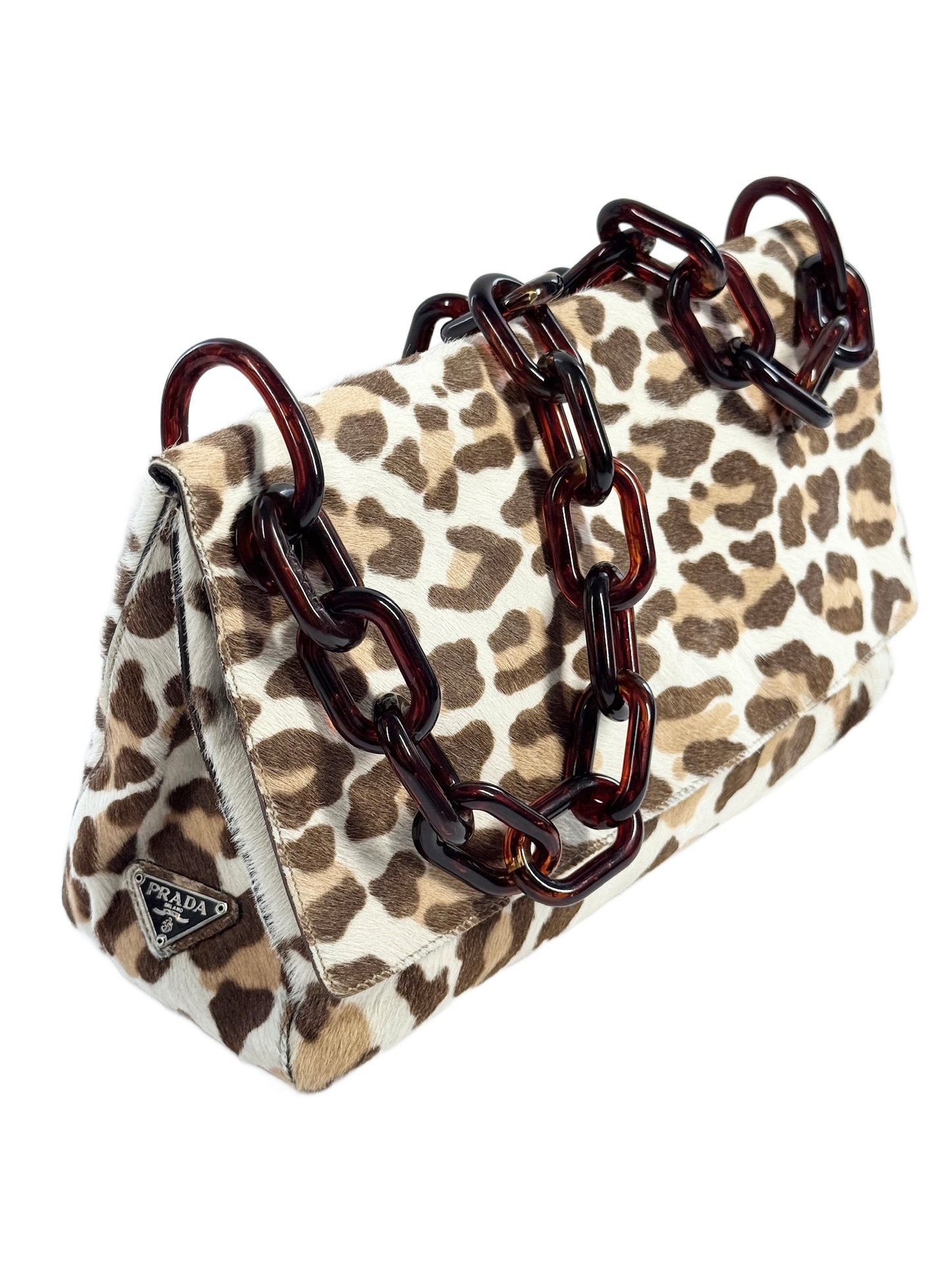 Prada Vintage White & Brown Pony Hair Leopard Resin Tortoise Chain Link Handle Shoulder Bag