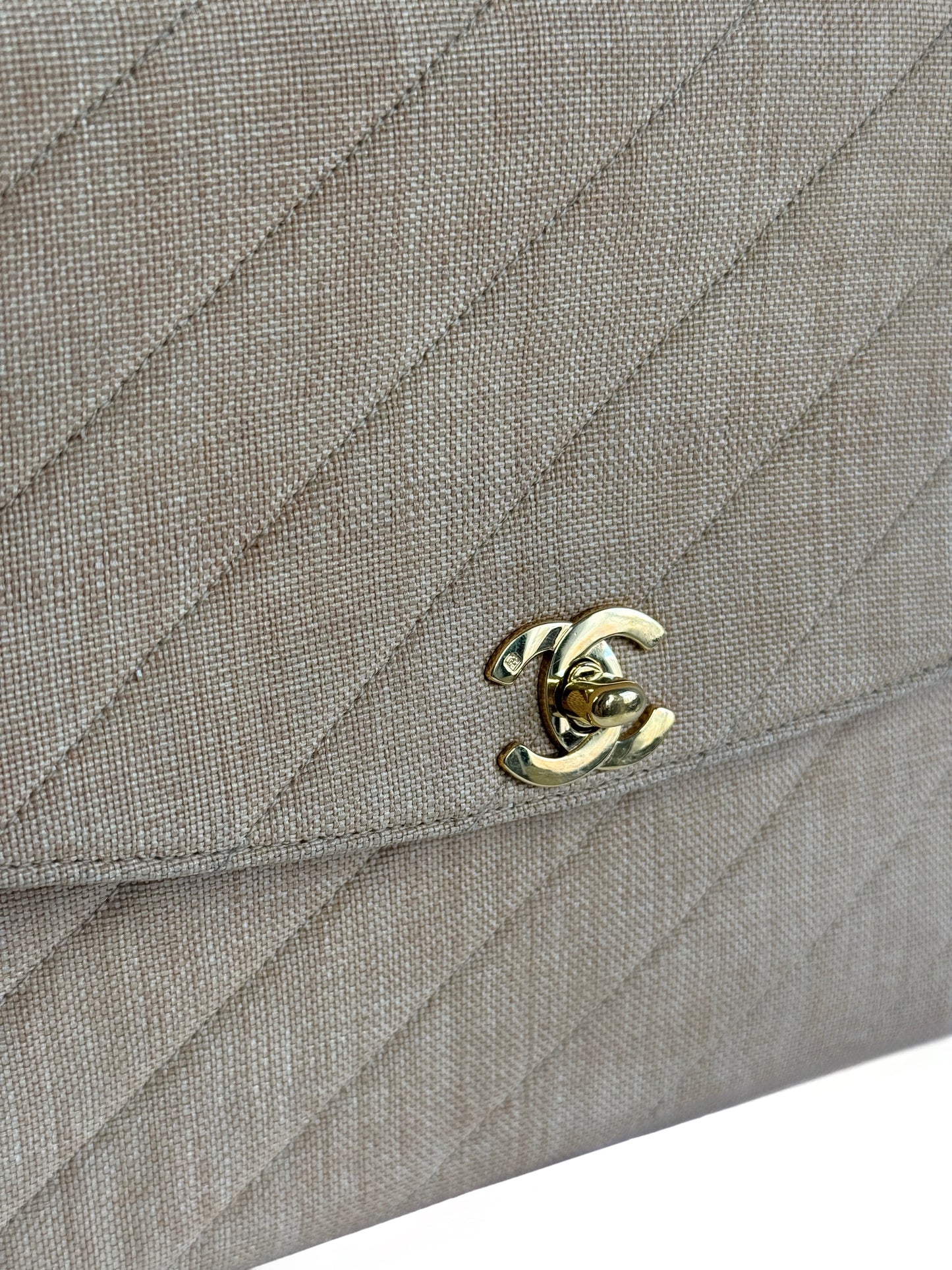Chanel Vintage 90s Beige Linen Medium Kelly Top Handle & Shoulder Bag
