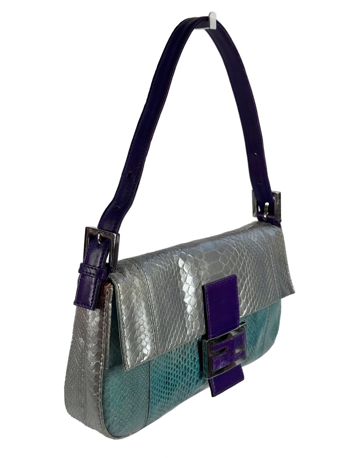 Fendi Vintage Silver Blue Purple Fuchsia Ombré Snakeskin Baguette Shoulder Bag