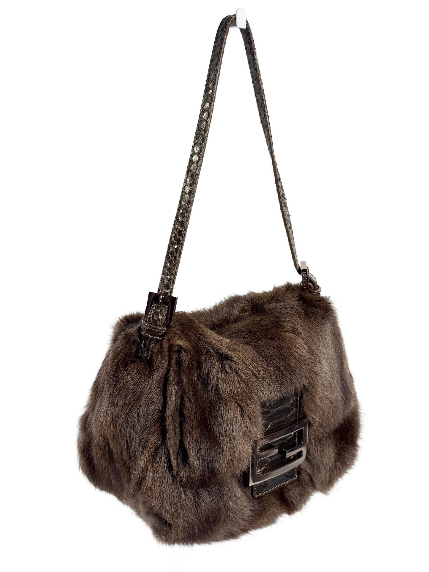 Fendi Brown Rabbit Fur Snakeskin Trim Mini Mamma Baguette Shoulder Bag