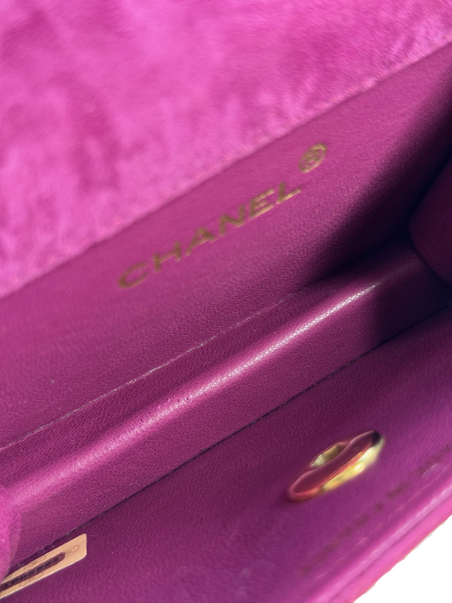 Chanel Vintage 80s/90s Quilted Fuchsia Suede Micro Mini Flap Crossbody Bag w 24K Gold Plated Hardware