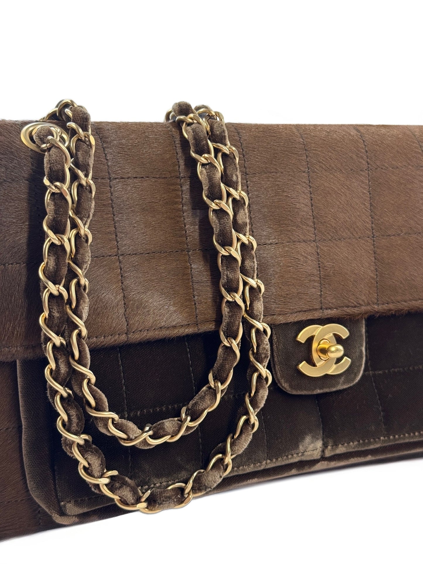 Chanel Vintage 00s Brown Pony Hair & Velour Chocolate Bar East West Flap Bag w Aged Gold Hardware