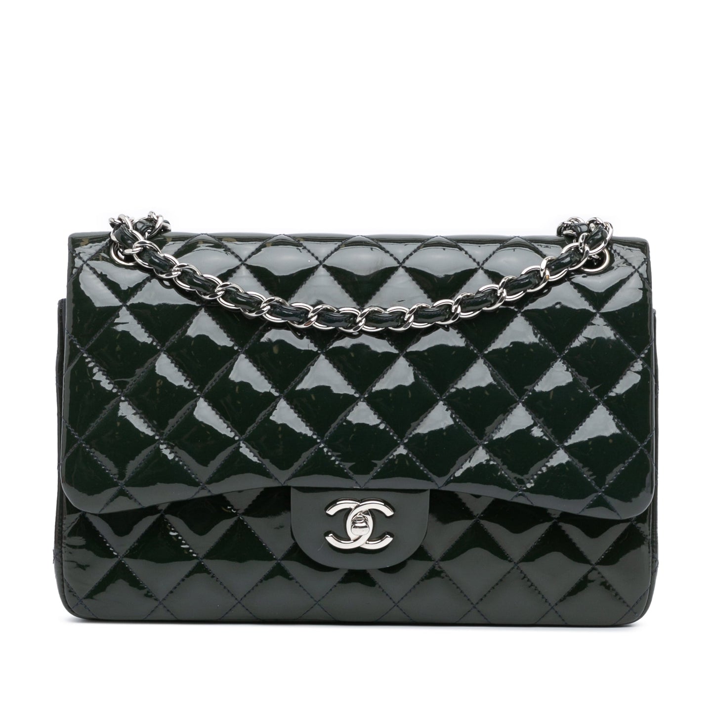 Green Chanel Jumbo Classic Patent Double Flap Shoulder Bag
