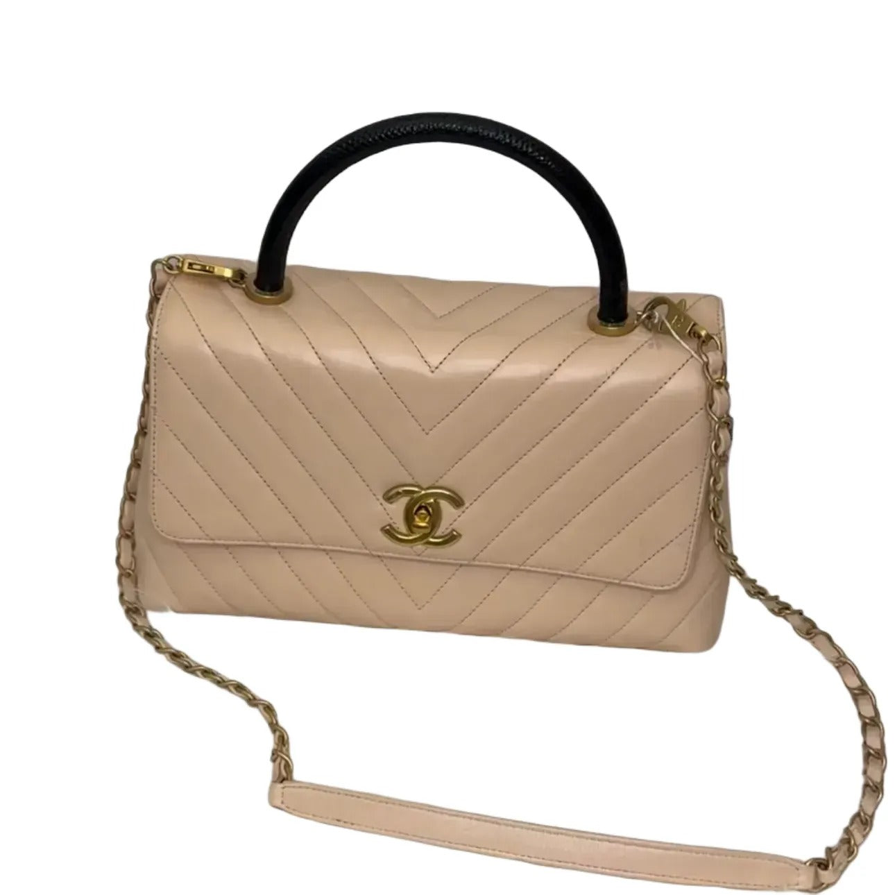 CHANEL Caviar Lizard Chevron Quilted Mini Coco Handle Flap Ivory B19-2