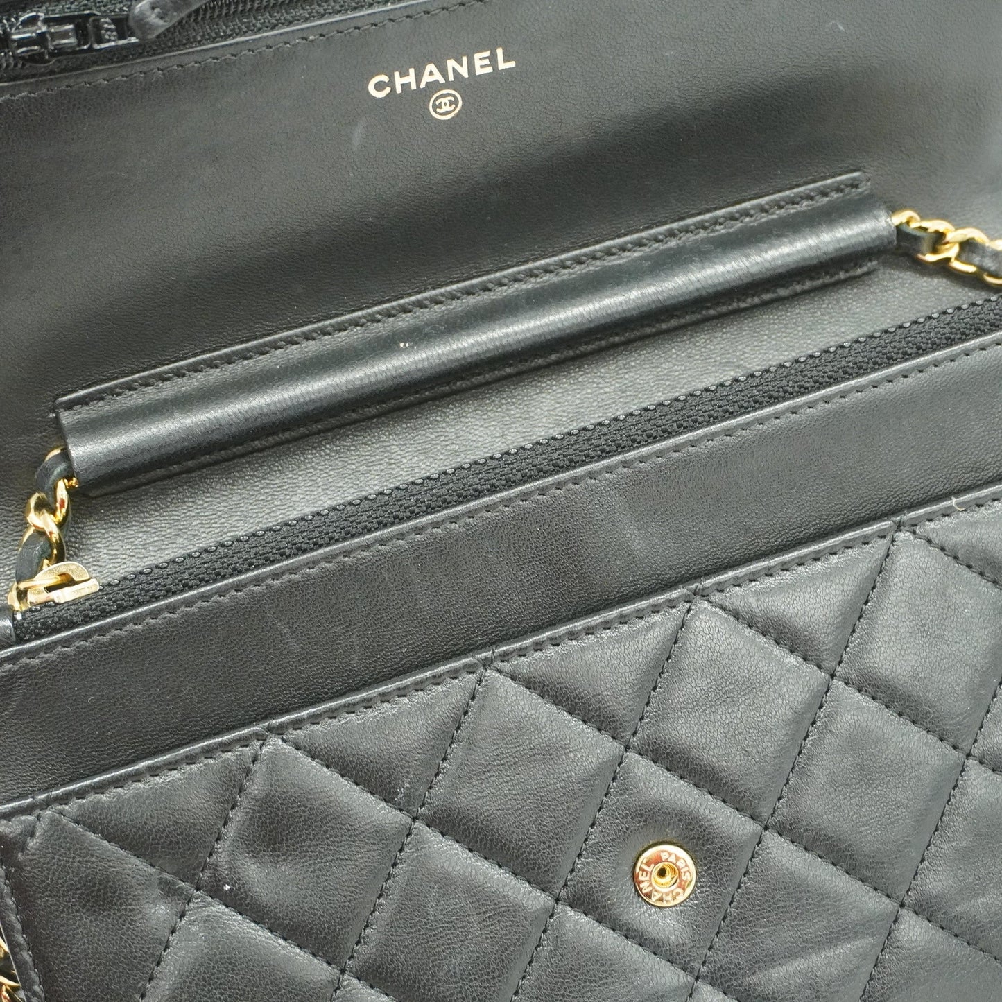 ChanelAuth Matelasse Chain Shoulder Gold Hardware Lambskin Wallet Black
