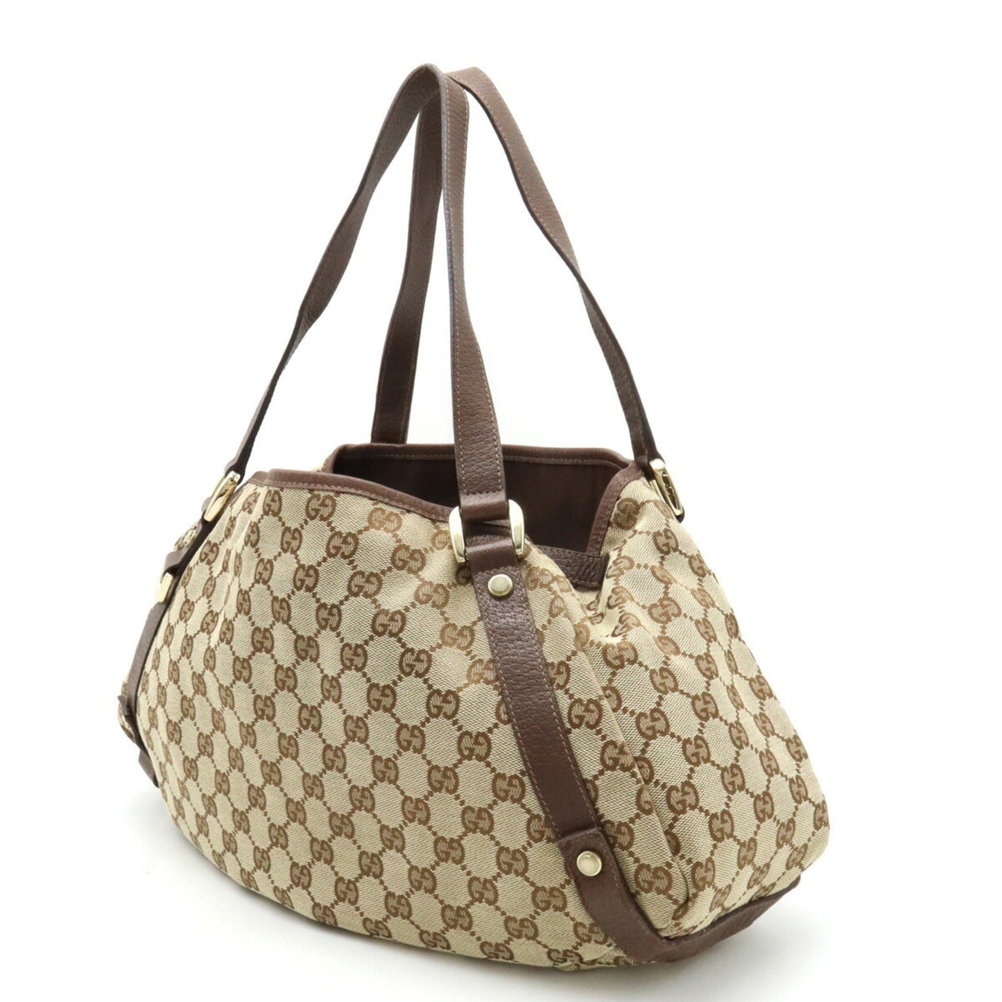 GUCCI GG Canvas Tote Bag Shoulder Leather Khaki Beige Dark Brown 130736