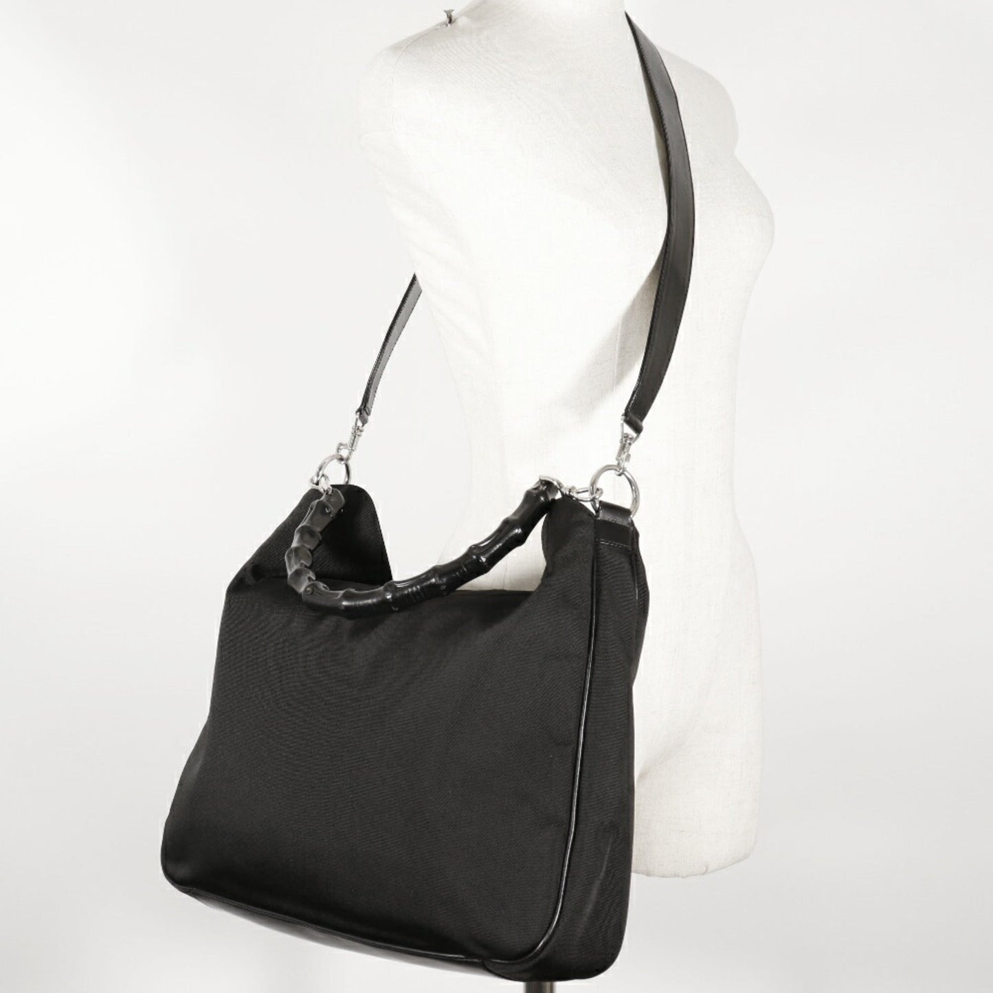 GUCCI Bamboo Handbag 001-0577 Nylon Canvas Made in Italy Black Shoulder 2way A4 Magnetic Type Ladies