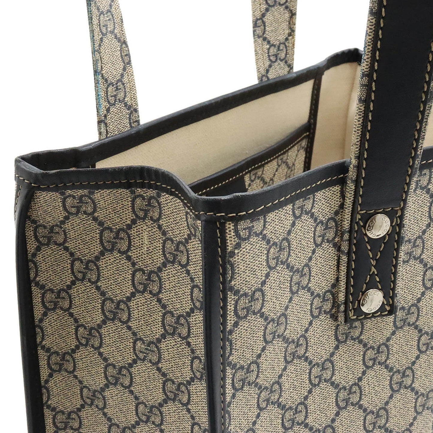GUCCI GG Supreme Plus Sherry Line Tote Bag Shoulder PVC Leather Beige Navy 211135