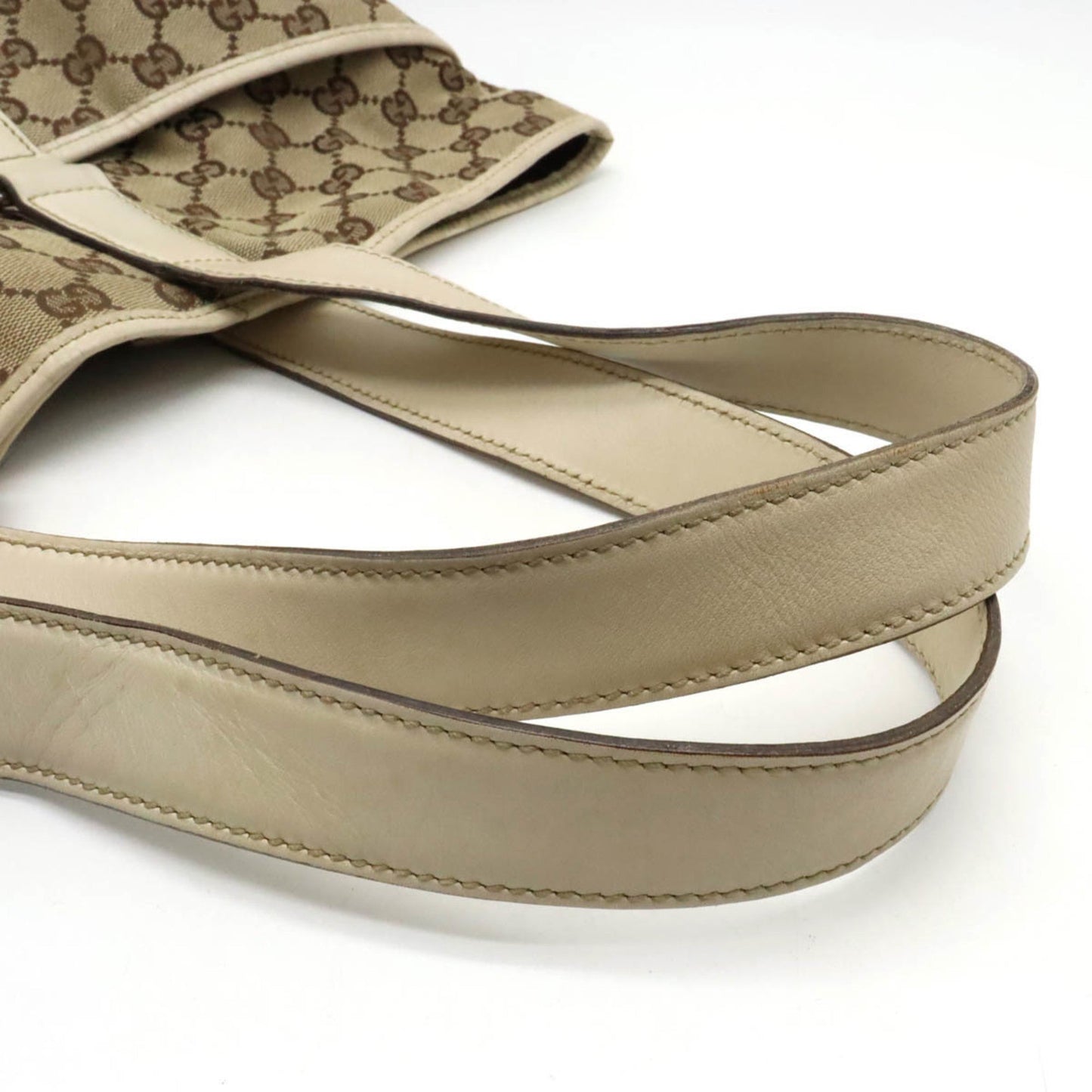 GUCCI GG Canvas Tote Bag Shoulder Leather Khaki Beige 153238