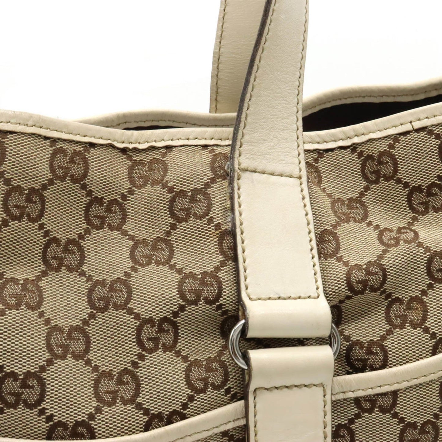 GUCCI GG Canvas Tote Bag Shoulder Leather Khaki Beige 153238