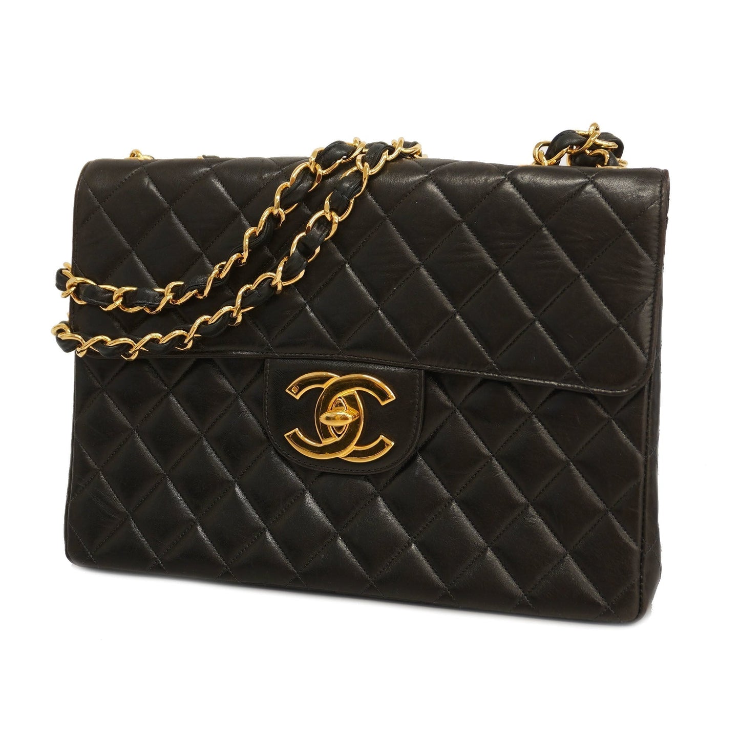 CHANEL Big Matelasse W Chain Women's Leather Shoulder Bag Black