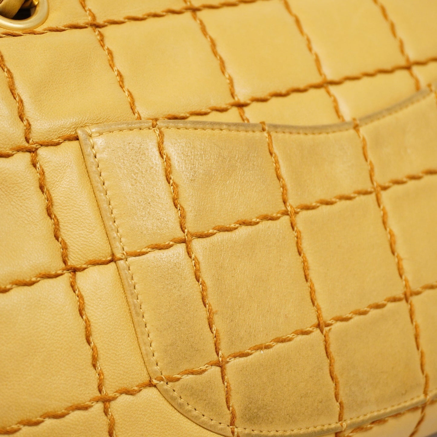 CHANEL Chocolate Bar Shoulder Bag Wild Stitch W Chain Women's Bag Beige