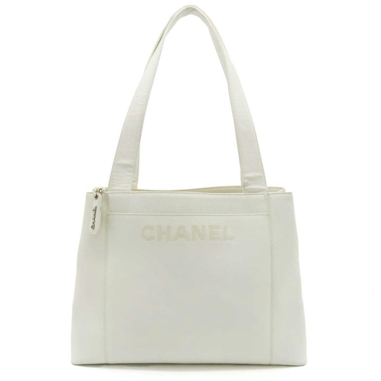 CHANEL tote bag shoulder caviar skin leather white