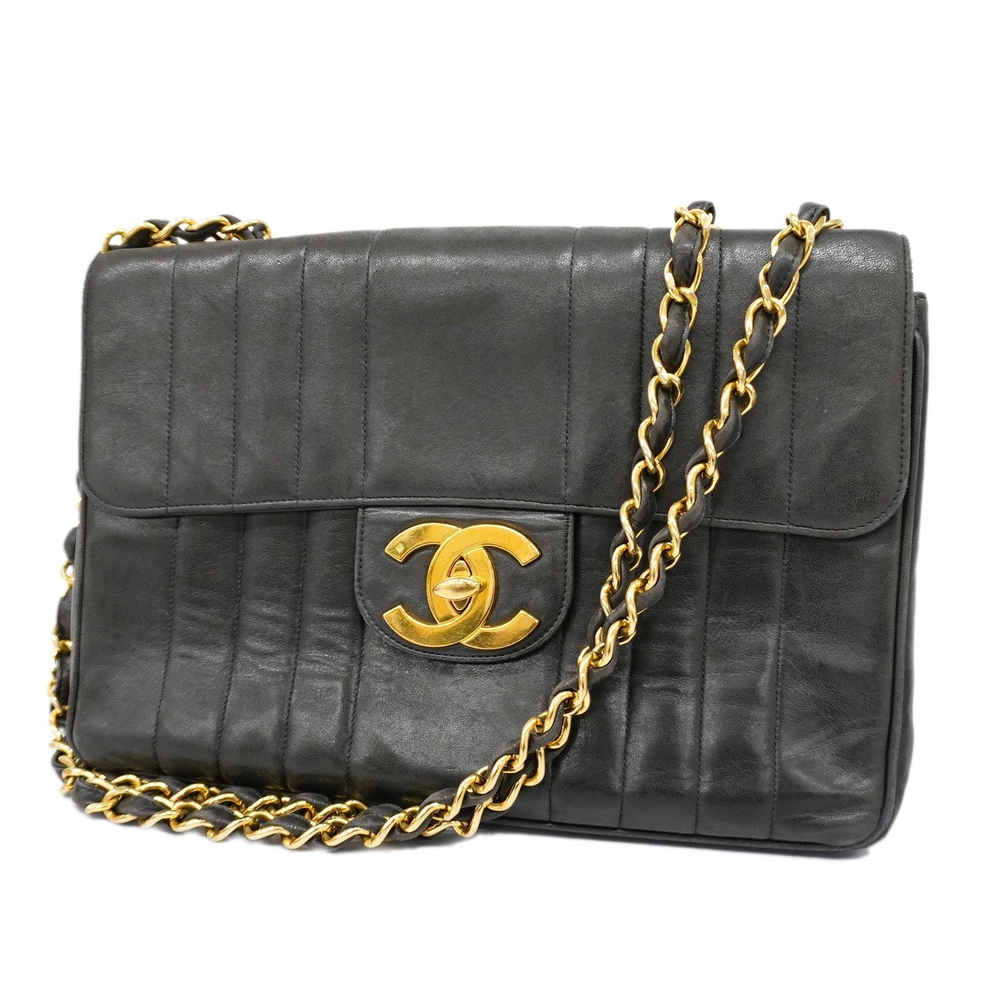 CHANELAuth Mademoiselle W Chain Women's Leather Shoulder Bag Black