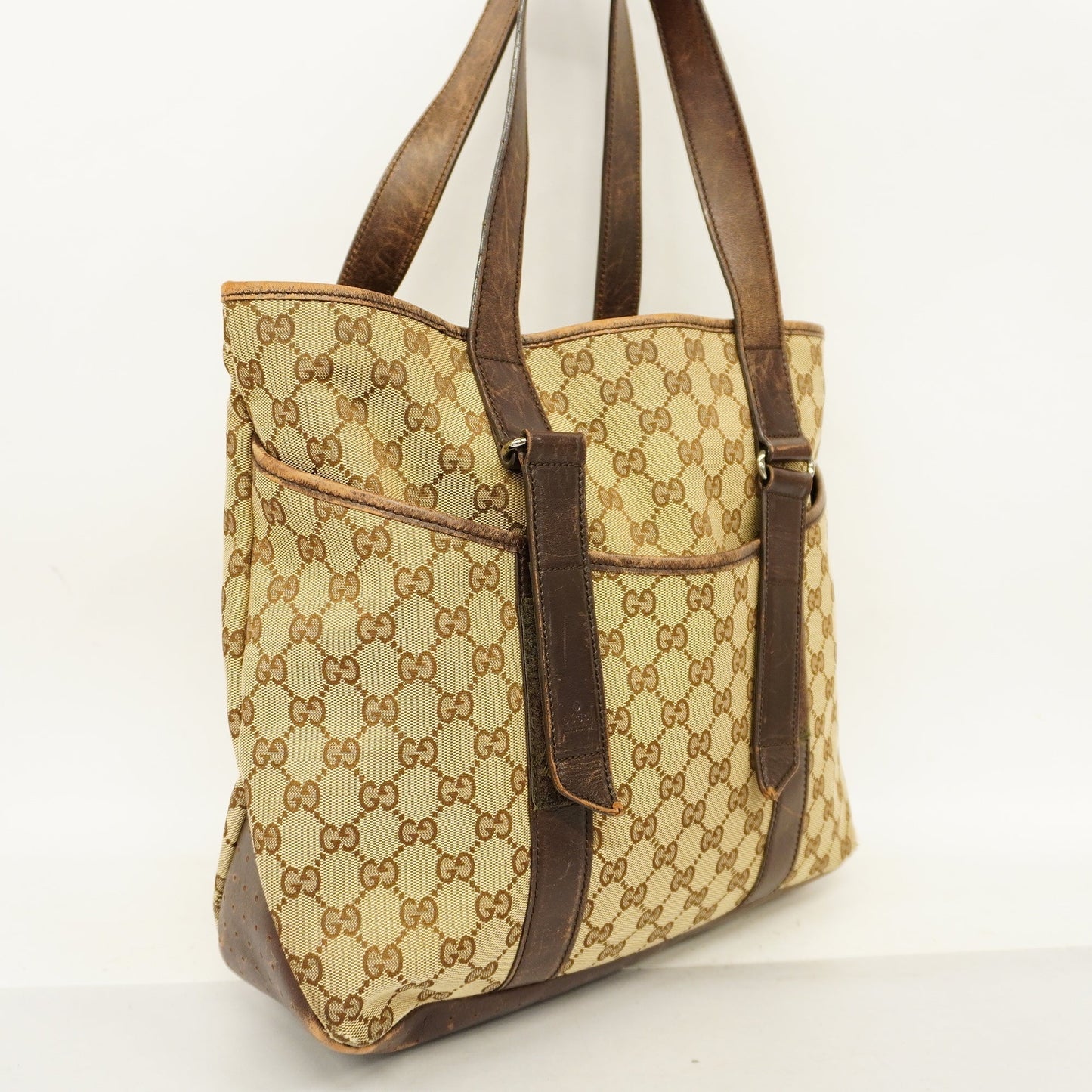 GUCCI GG Canvas 002-1073 Women's Leather Tote Bag Beige,Brown
