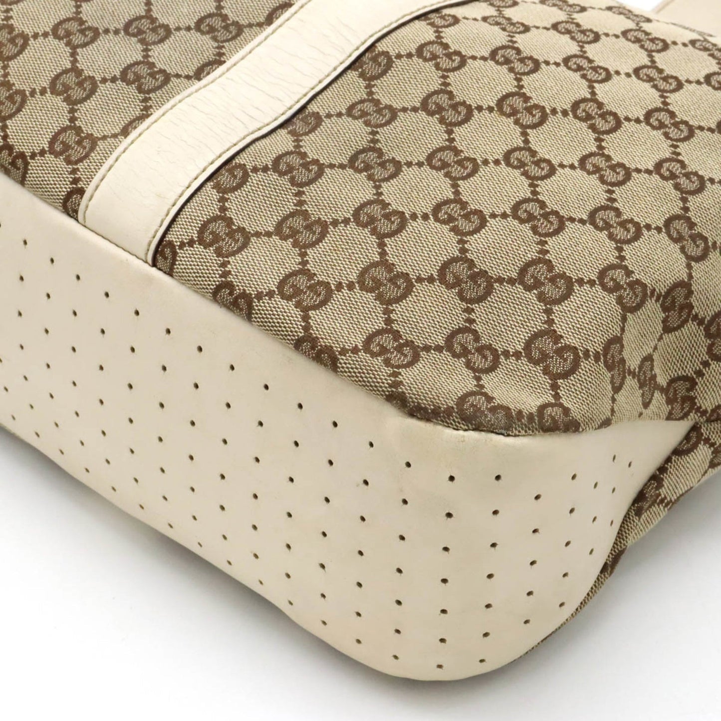 GUCCI GG Canvas Tote Bag Shoulder Leather Khaki Beige 153238
