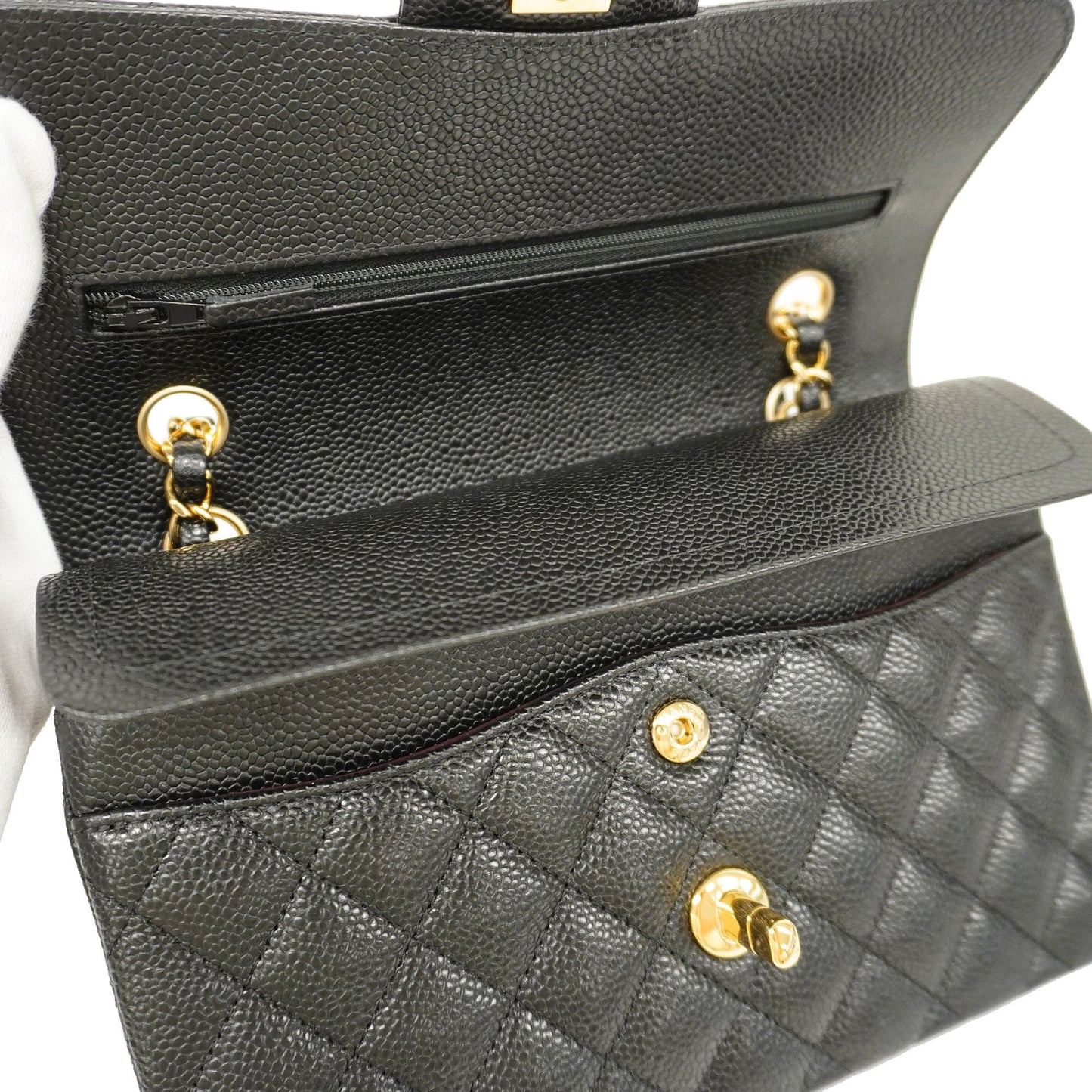 CHANELAuth Matelasse W Flap W Chain Women's Caviar Leather Shoulder Bag Black