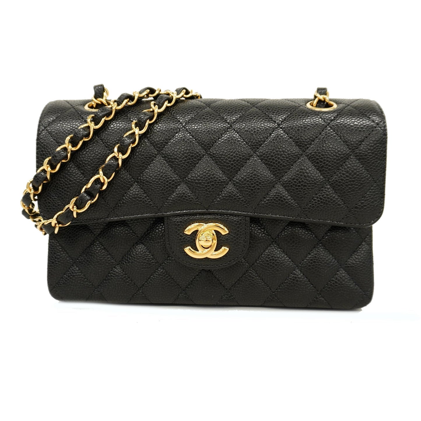 CHANELAuth Matelasse W Flap W Chain Women's Caviar Leather Shoulder Bag Black