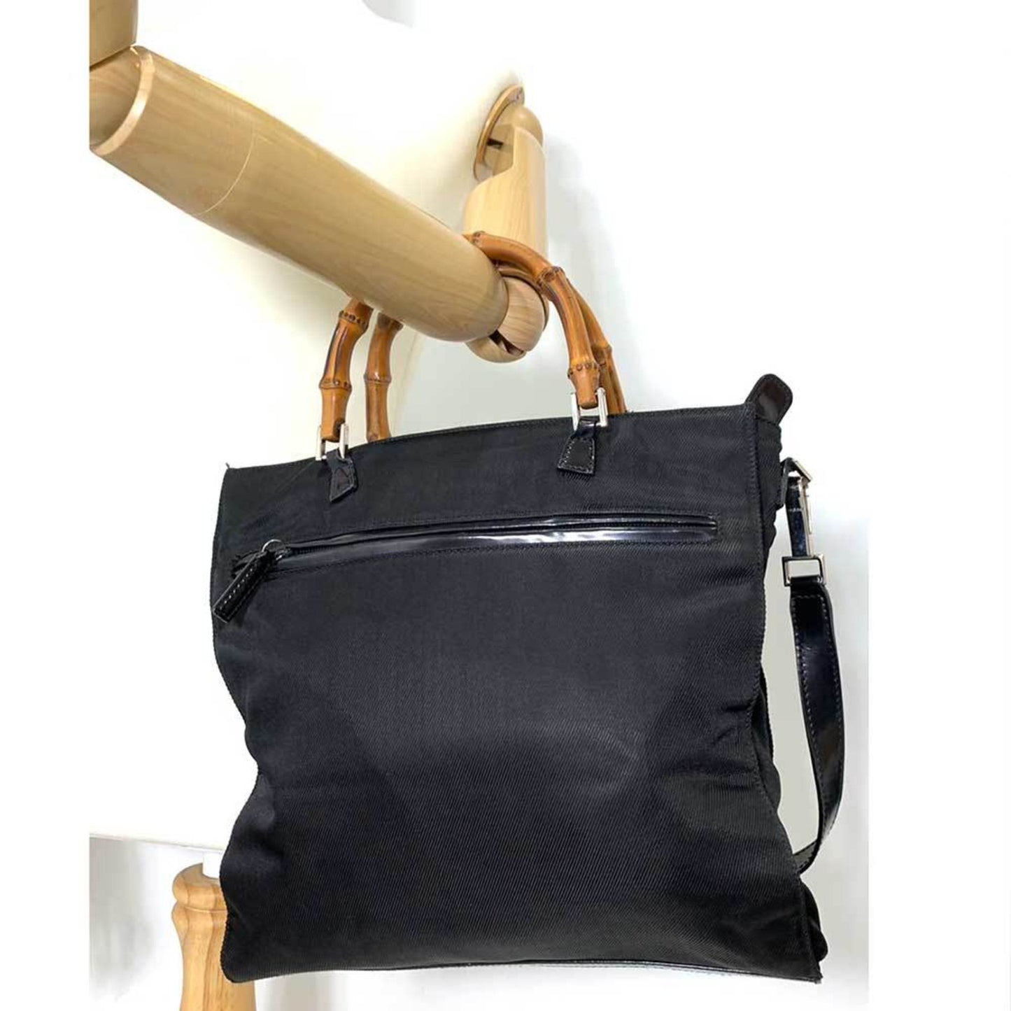 Gucci Bag Bamboo HandBag Black x Brown 2way Square Ladies Nylon Canvas Enamel Leather