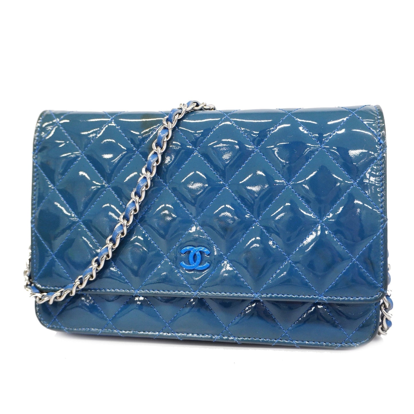 ChanelAuth Matelasse Chain Shoulder Silver Metal Fittings Women's Wallet Blue