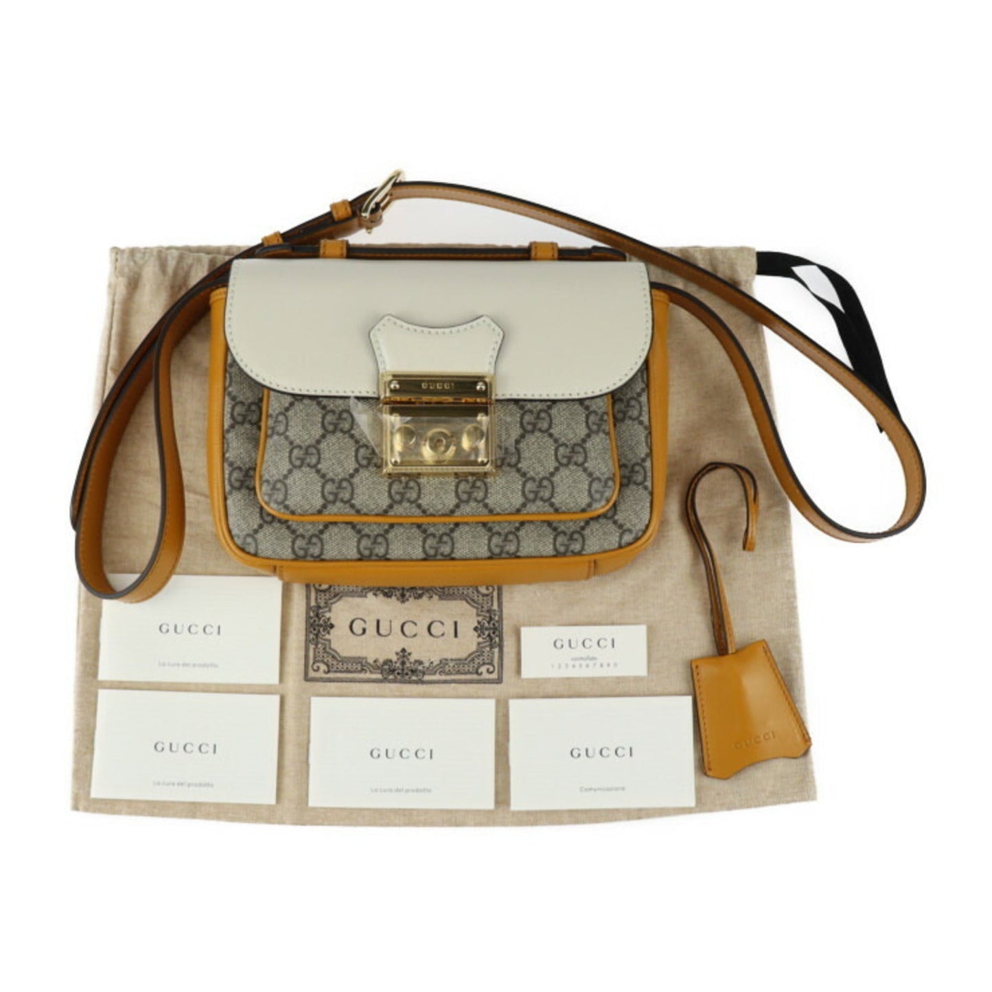 GUCCI Shoulder Bag 658487 Leather GG Supreme Canvas Ivory Dark Leaves Beige Ebony Gold Hardware Padlock 2WAY Handbag