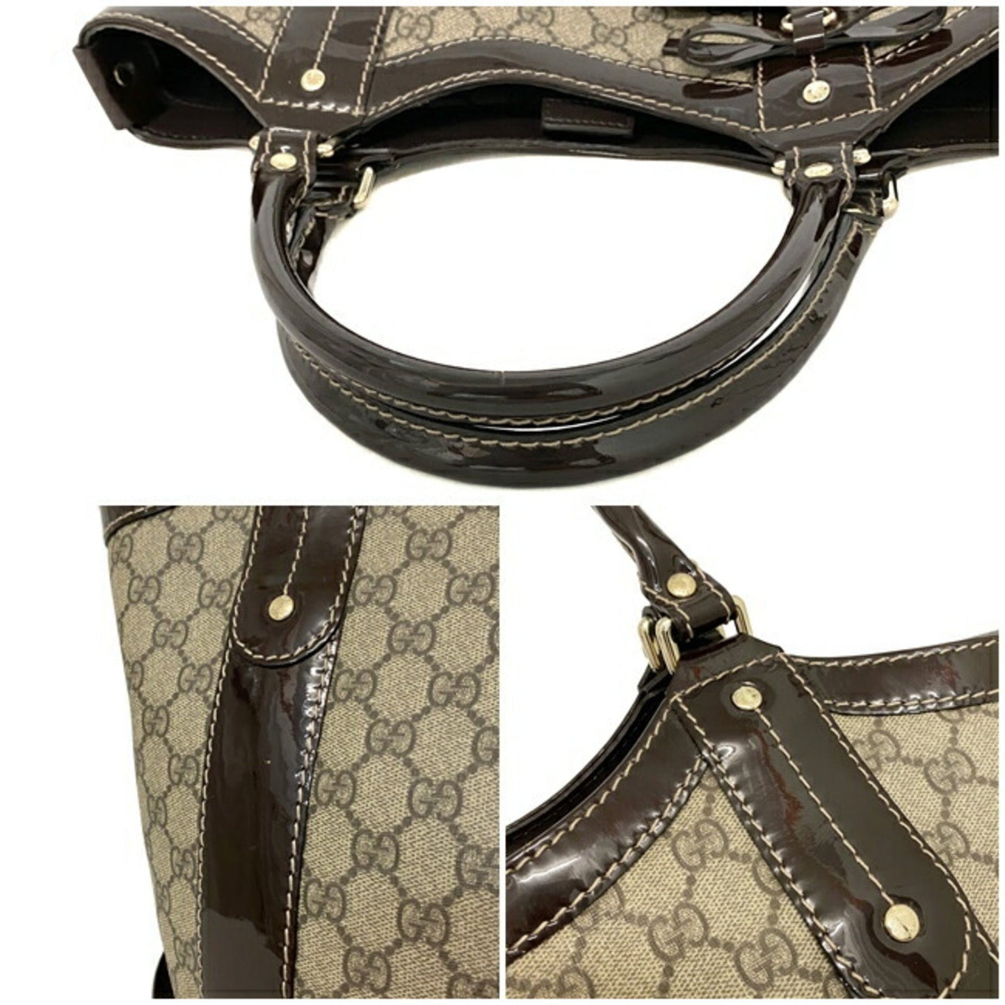 Gucci Tote Bag Beige Brown GG Supreme 203521 PVC Patent Leather GUCCI Handbag Plus Charm Enamel Ribbon Ladies