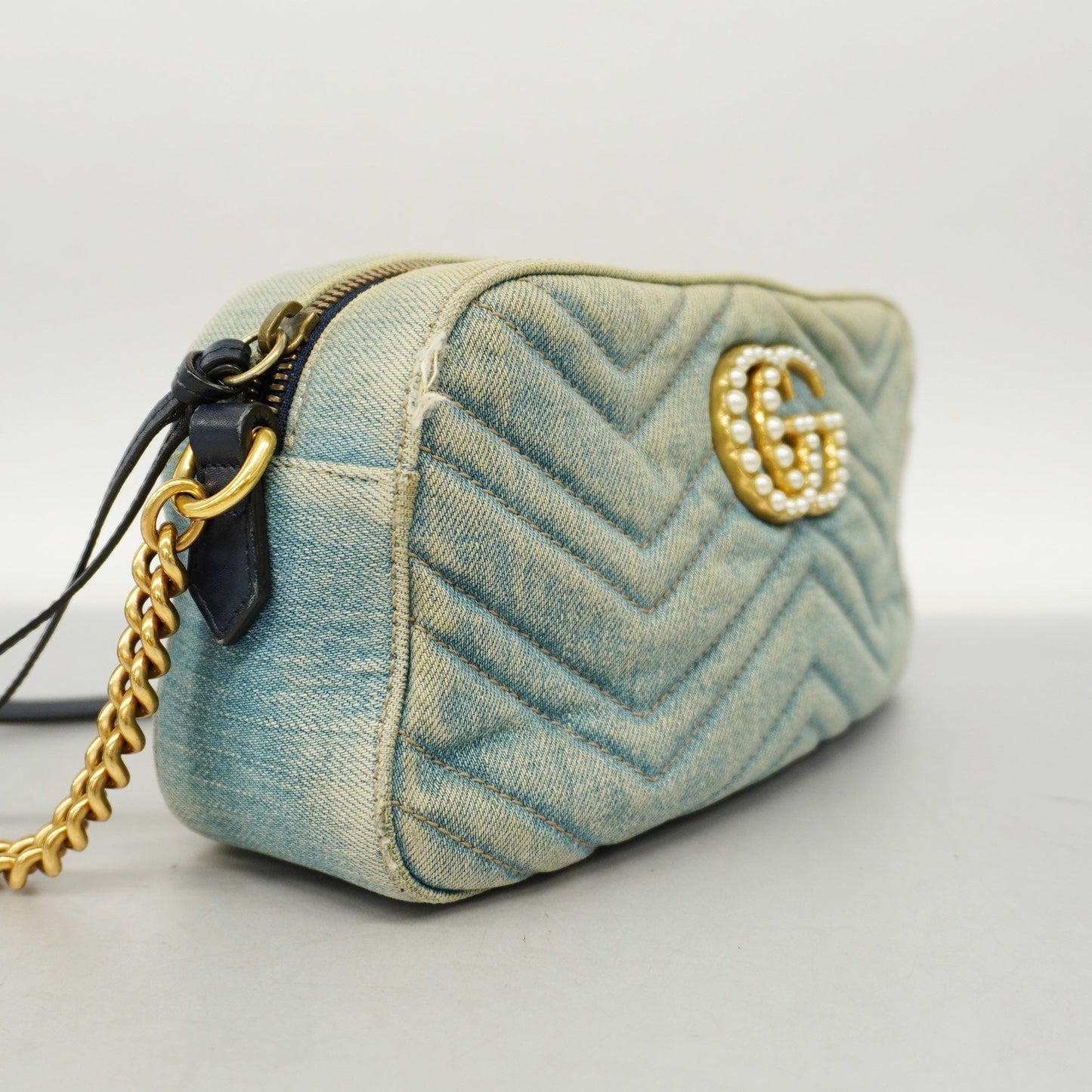 GUCCIAuth GG Marmont Shoulder Bag Velor 447632 Women's Denim Light Blue
