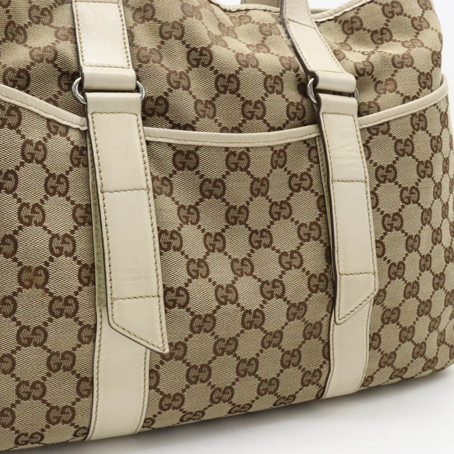 GUCCI GG Canvas Tote Bag Shoulder Leather Khaki Beige 153238
